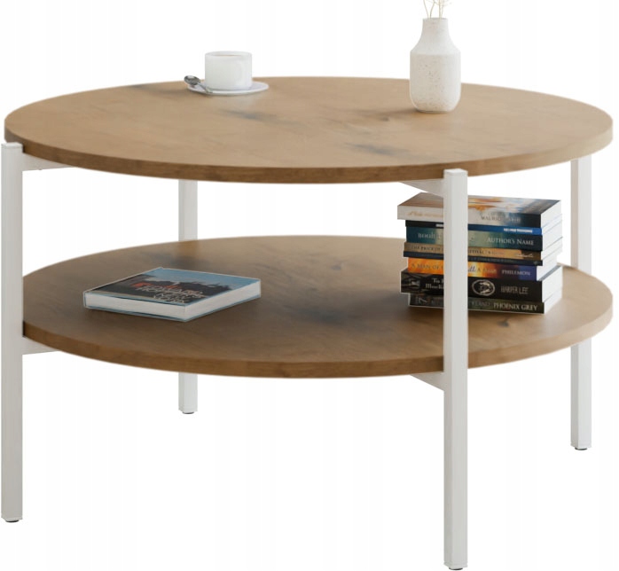 Stolik kawowy okrągły loft z półką 75x75x46 cm metalowy biały