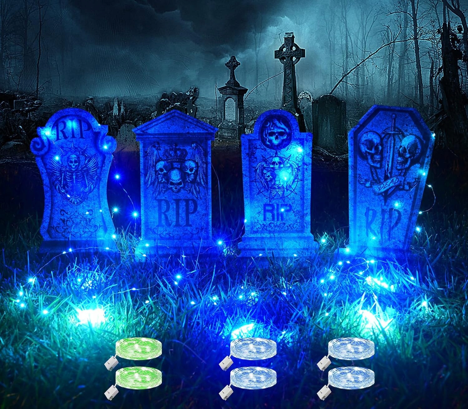 Halloweenské Náhrobky Svítící Led 4 Ks Dekorace Hřbitov Zahrada Dvůr