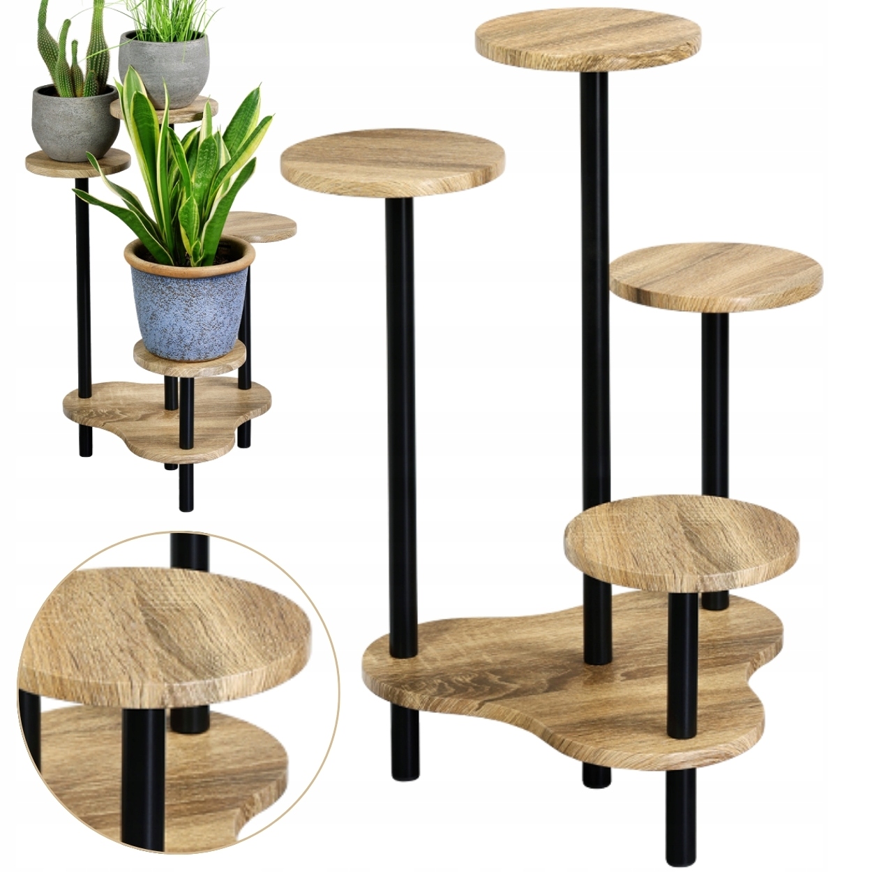 Kwietnik Stojący 4 Poziomy Loft Dąb I Czarny Metal 64,5 cm na kwiaty donice