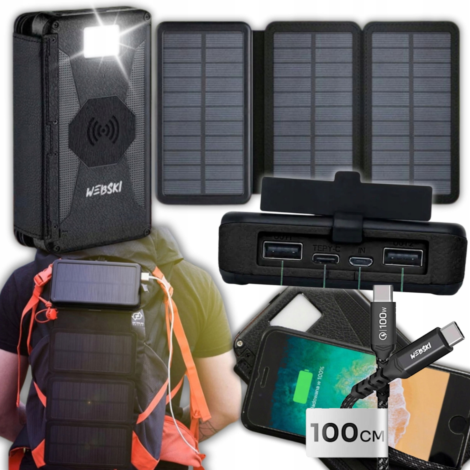 Solární Powerbanka 16000 mAh Bezdrátová Indukční Nabíječka Usb Kabel