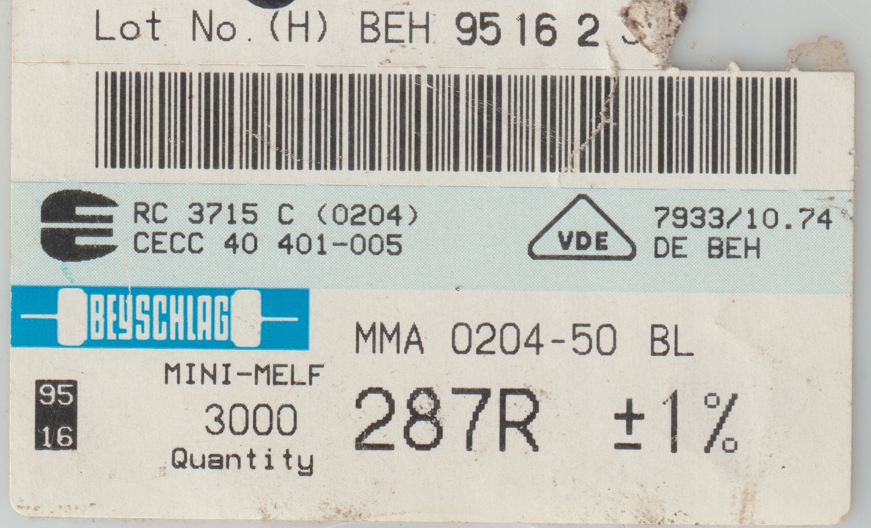 [100szt] 287R 1% 50ppm rezystor Smd minimelf MMA0204 Beyschlag low noise