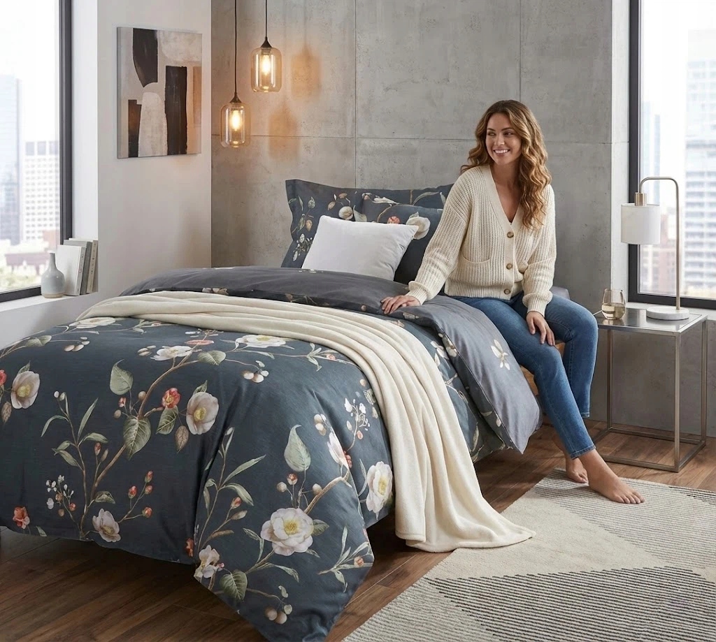 3dílná sada povlečení na peřinu šedá s motivem květu kamélie, 100% bavlna, do ložnice s květinovým vzorem 160×200