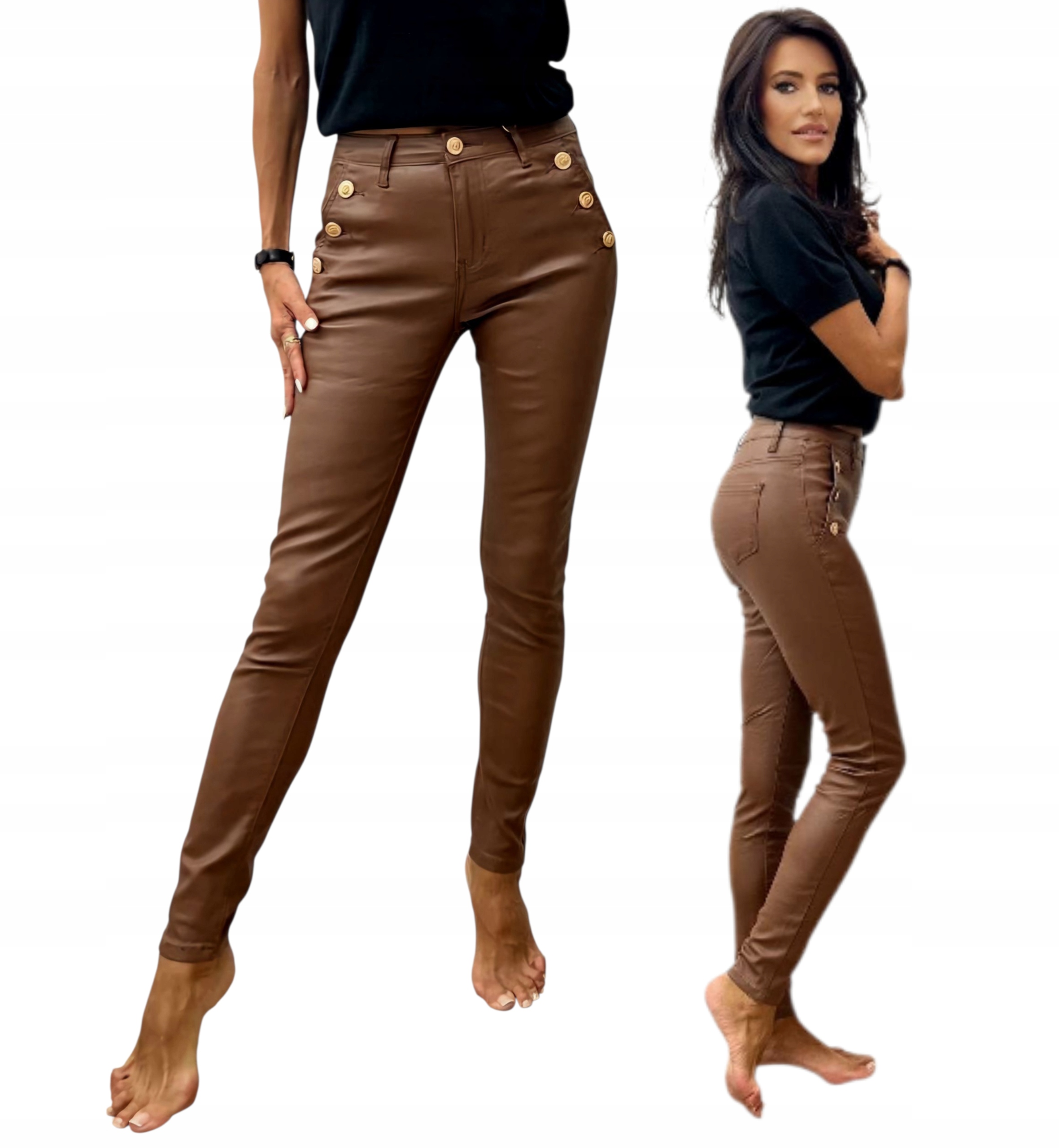 Hnědé Voskované Kalhoty S Vysokým Pasem A Ozdobnými Knoflíky vel. M 38
