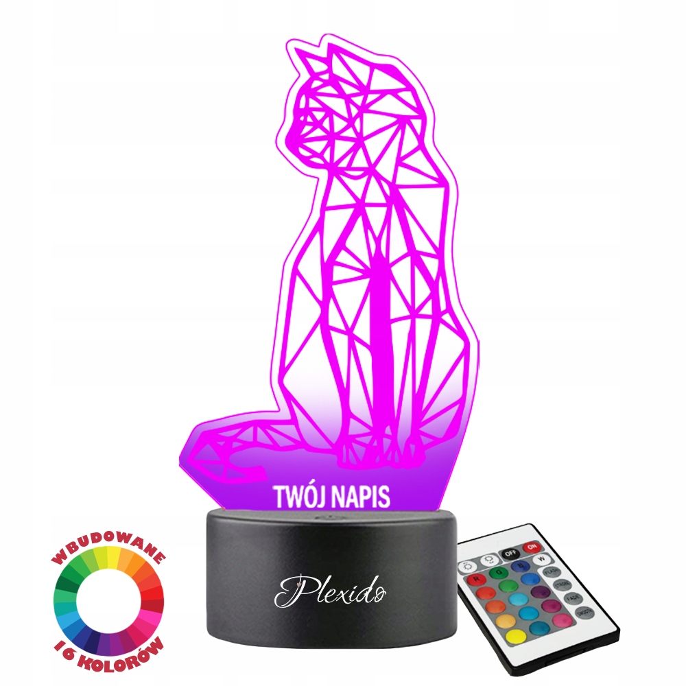 Lampka Nocna Kot Kotek Geometryczny Prezent Upominek Twój Napis 3D LED
