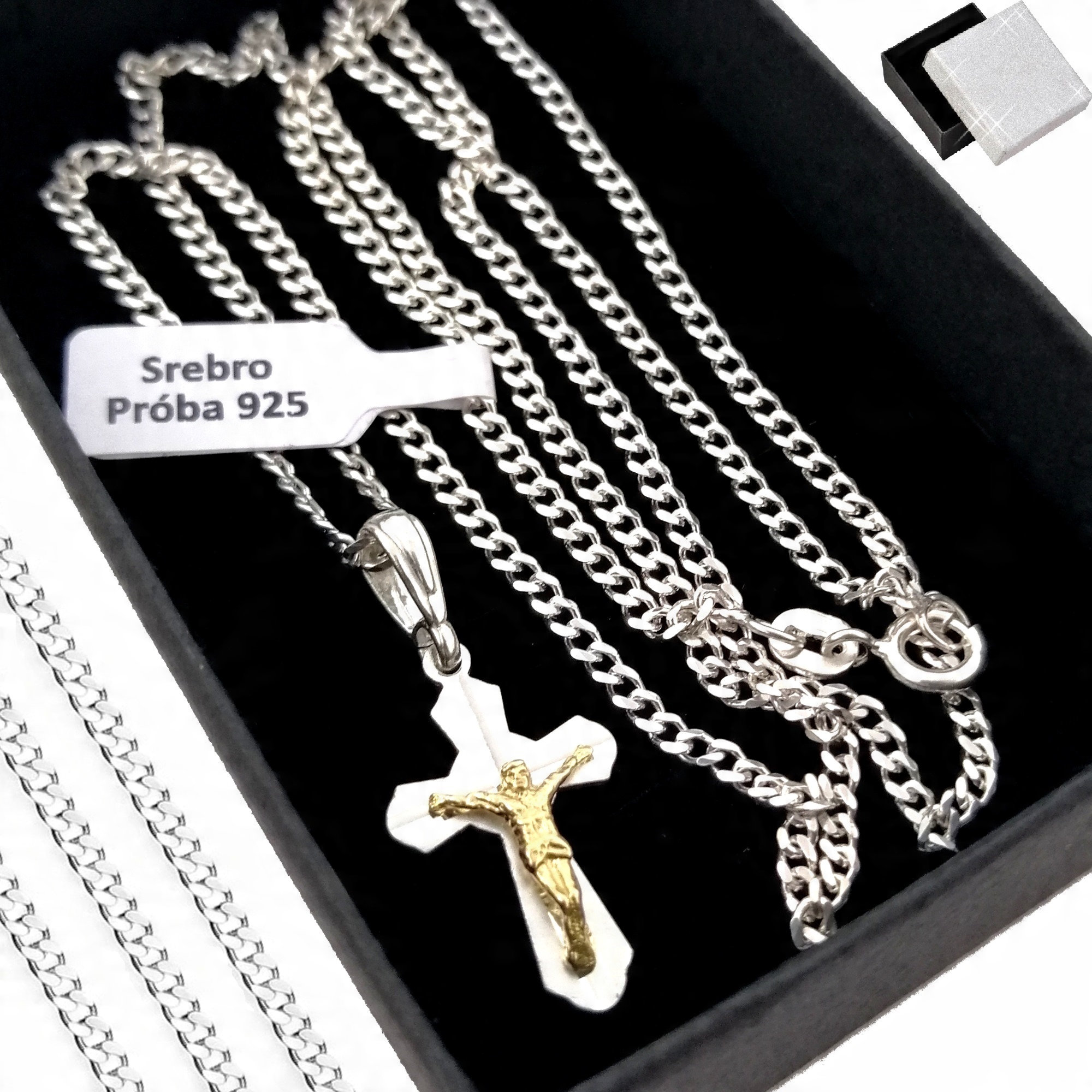 

Damski Srebrny Łańcuszek Pancerka+krzyżyk Pr. 925