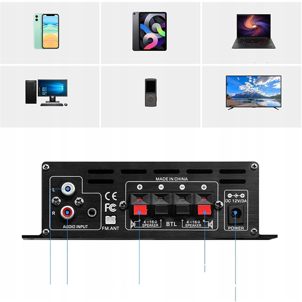 MINI AMPLITUNER WZMACNIACZ AUDIO STEREO BLUETOOTH CYFROWE HIFI FM Z PILOT System dźwięku 2.0