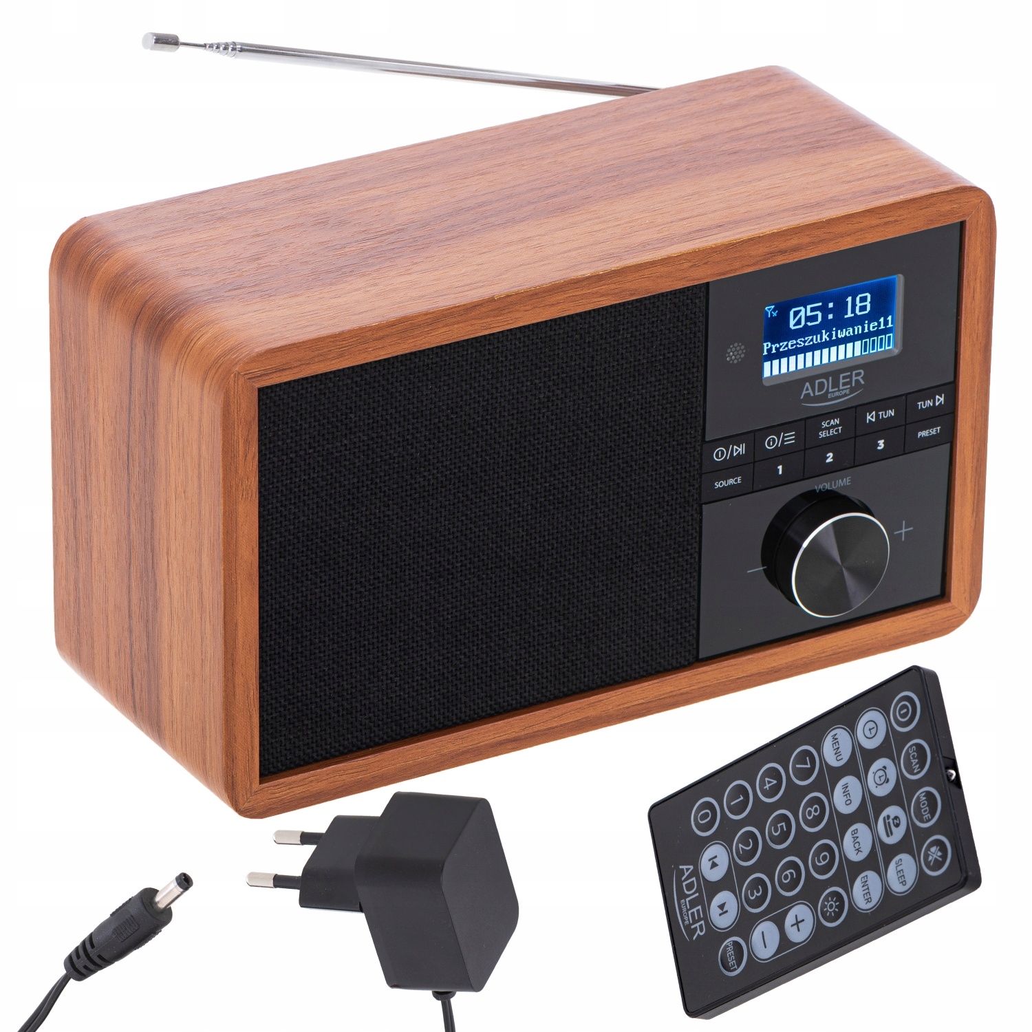 Sieťové rádio Dab/FM s anténou Bluetooth/Budík/USB diaľkový ovládač Adler