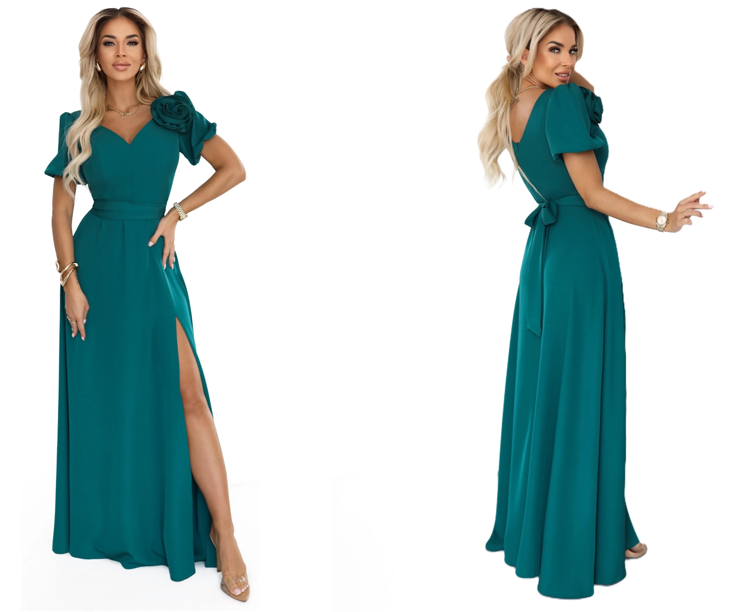 Dlouhé Šaty S Ozdobnou Růží Na Ples Svatební Hostina Banket Lahvově Zelená Barva XXL