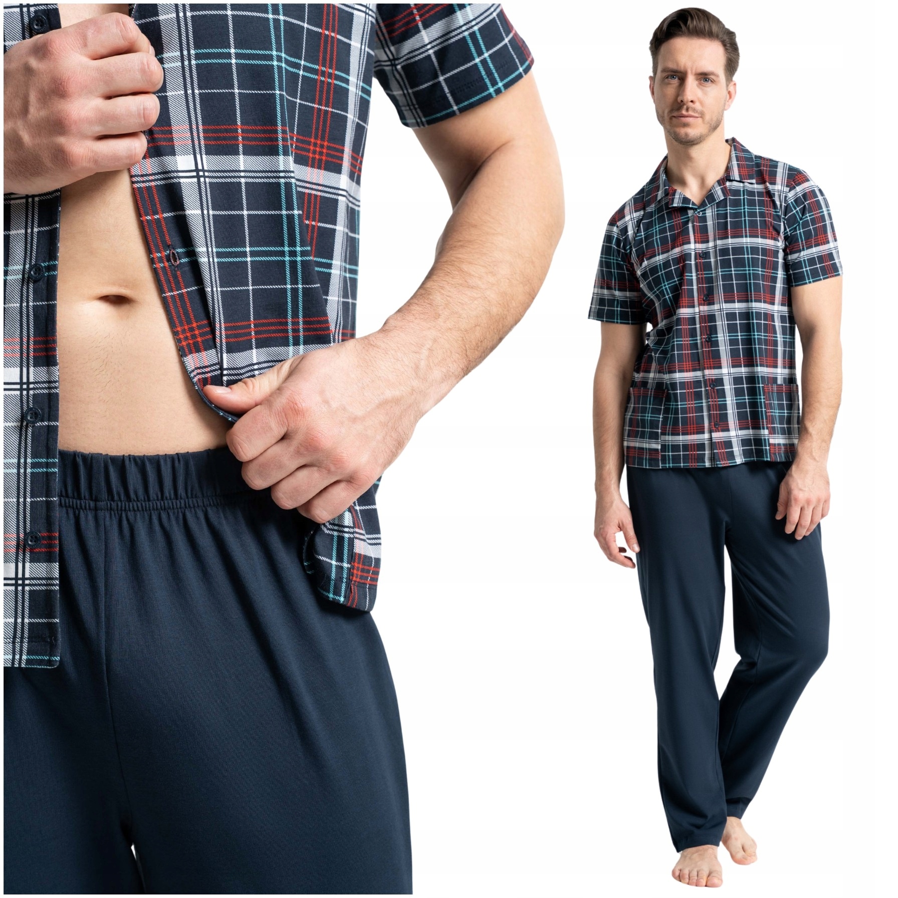Pánské Rozepínací Pyžamo Tričko S Kostkovaným Vzorem Elegantní Dlouhé Kalhoty Moraj 3XL