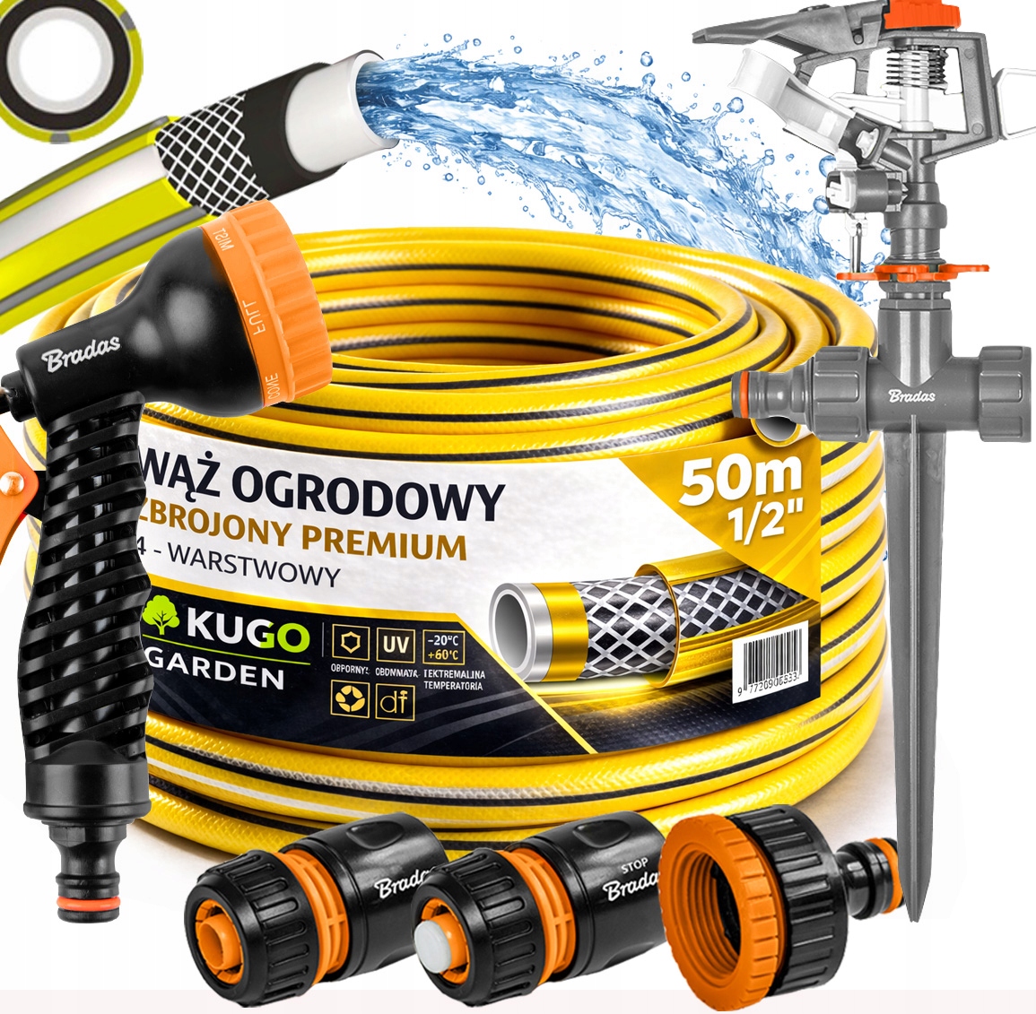 Hadice 1/2" 50 m 4 Vrstvy Premium Gun Zavlažovač Set Bradas