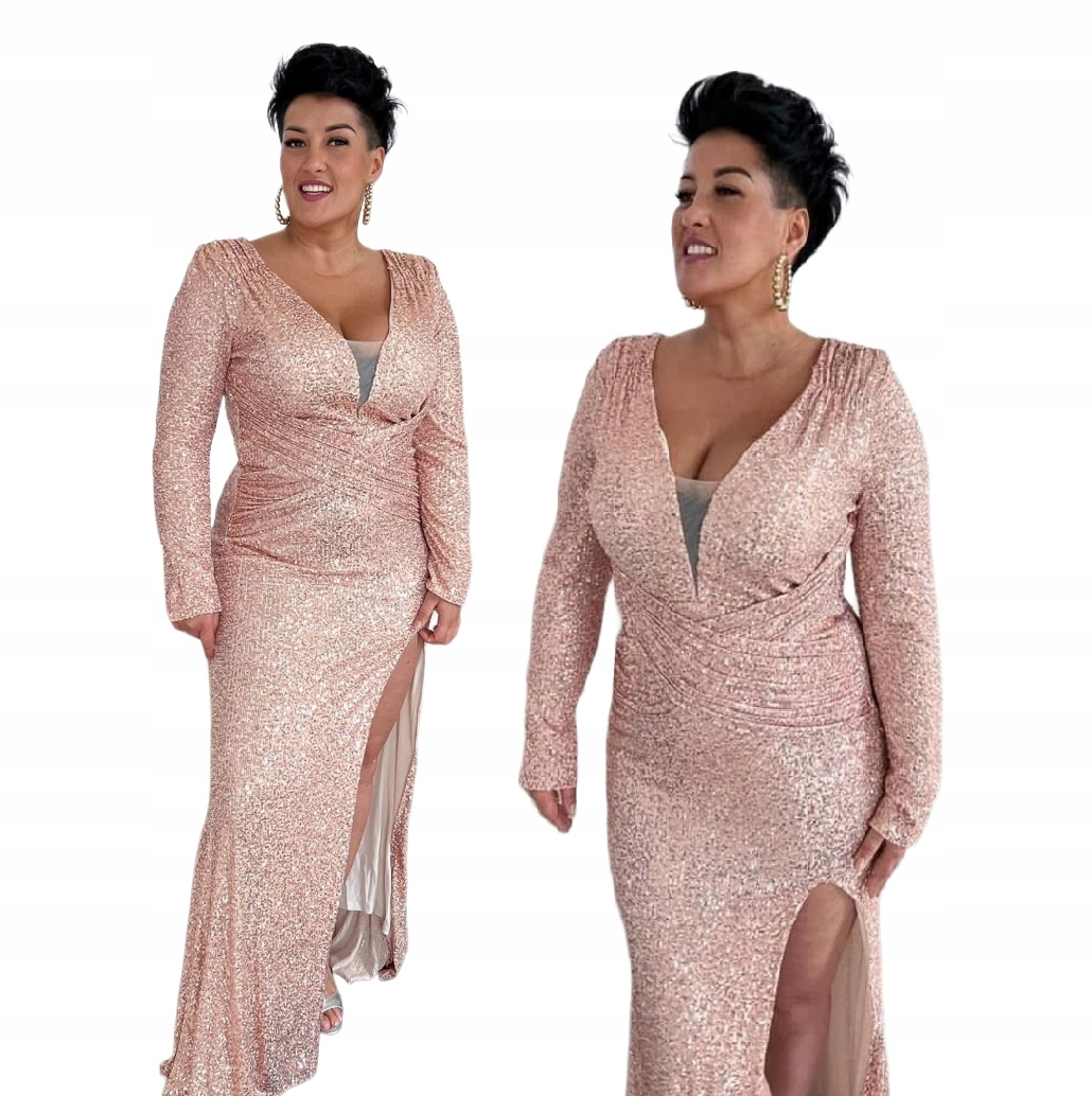 Tequilla Golden Rose Dlouhá Flitrová Šaty s rozparkem na svatební hostina ples 5XL