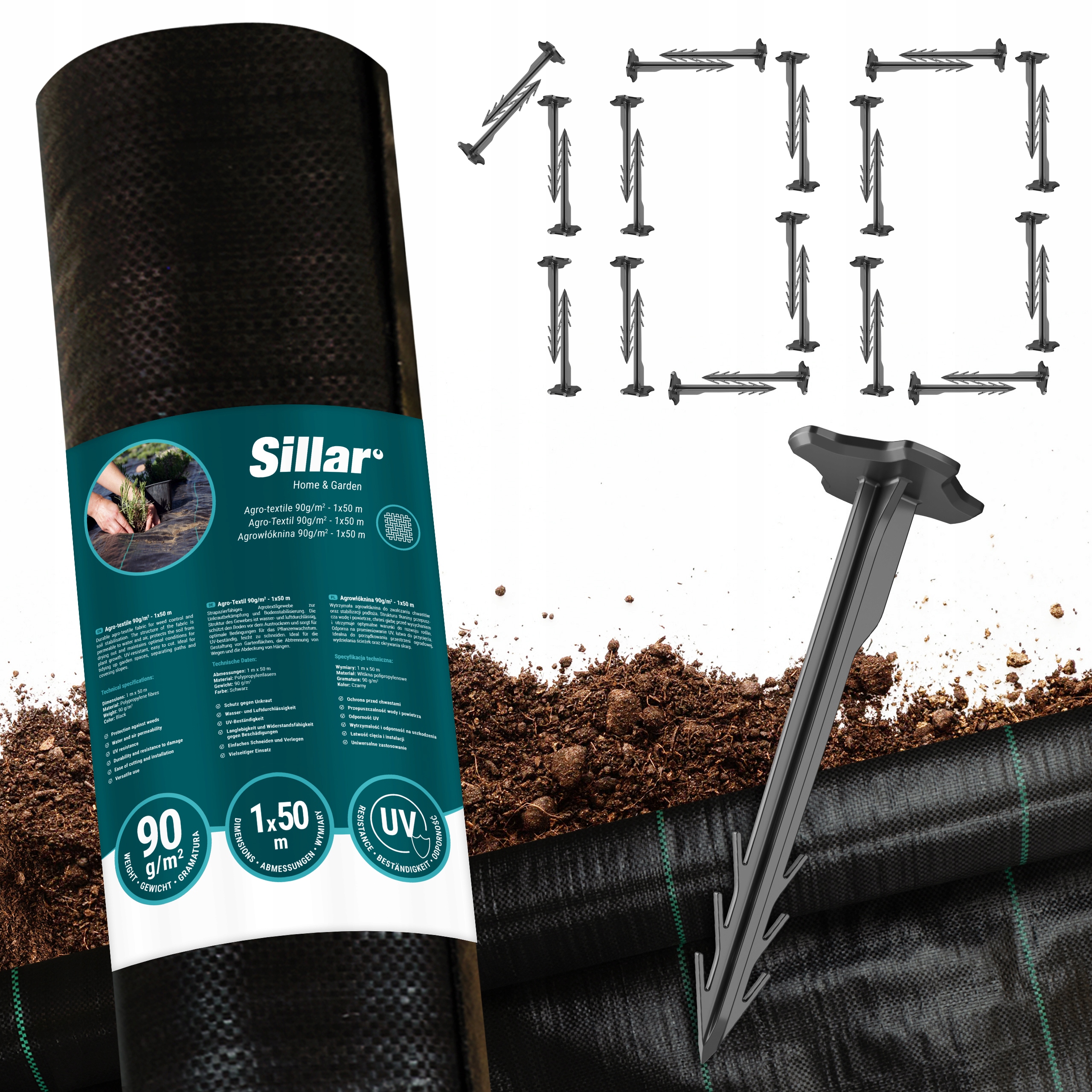 Mocna Agrowłóknina Ogrodowa Czarna 1x50m 90g/m² Mata Na Chwasty x100 Kotwy