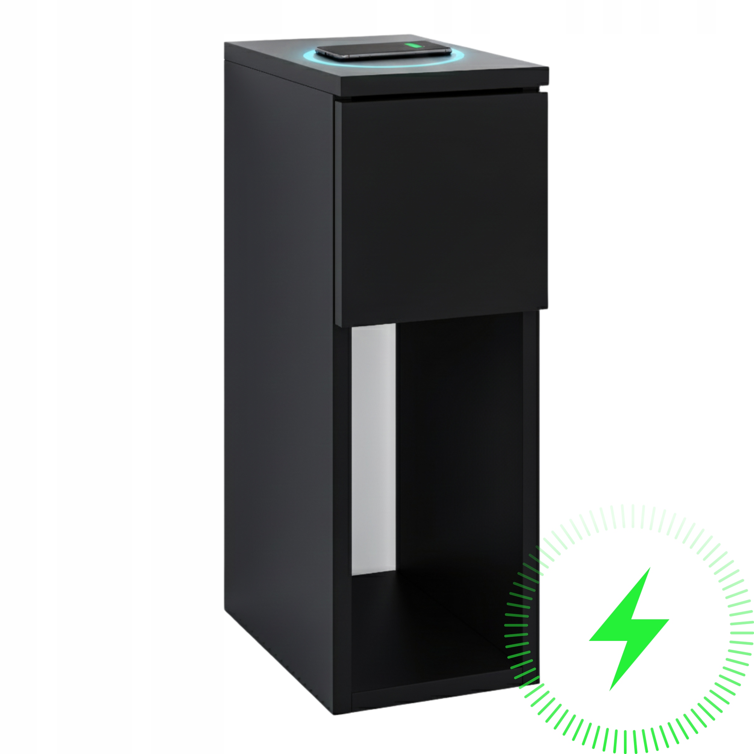 Noční Stolek Černá Úzká 20 CM S Indukčním Nabíjením, Zásuvkou A Poličkou