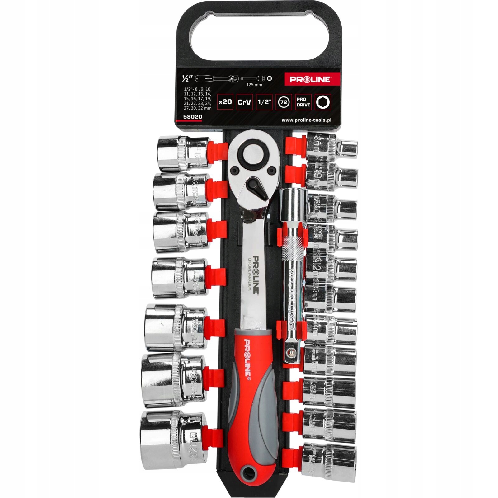 PROLINE ZESTAW 20 SZT NASADEK CRV,1/2" 8-32MM GRZECHOTKA PRZEDŁUŻKA 58020 EAN (GTIN) 5903755580207