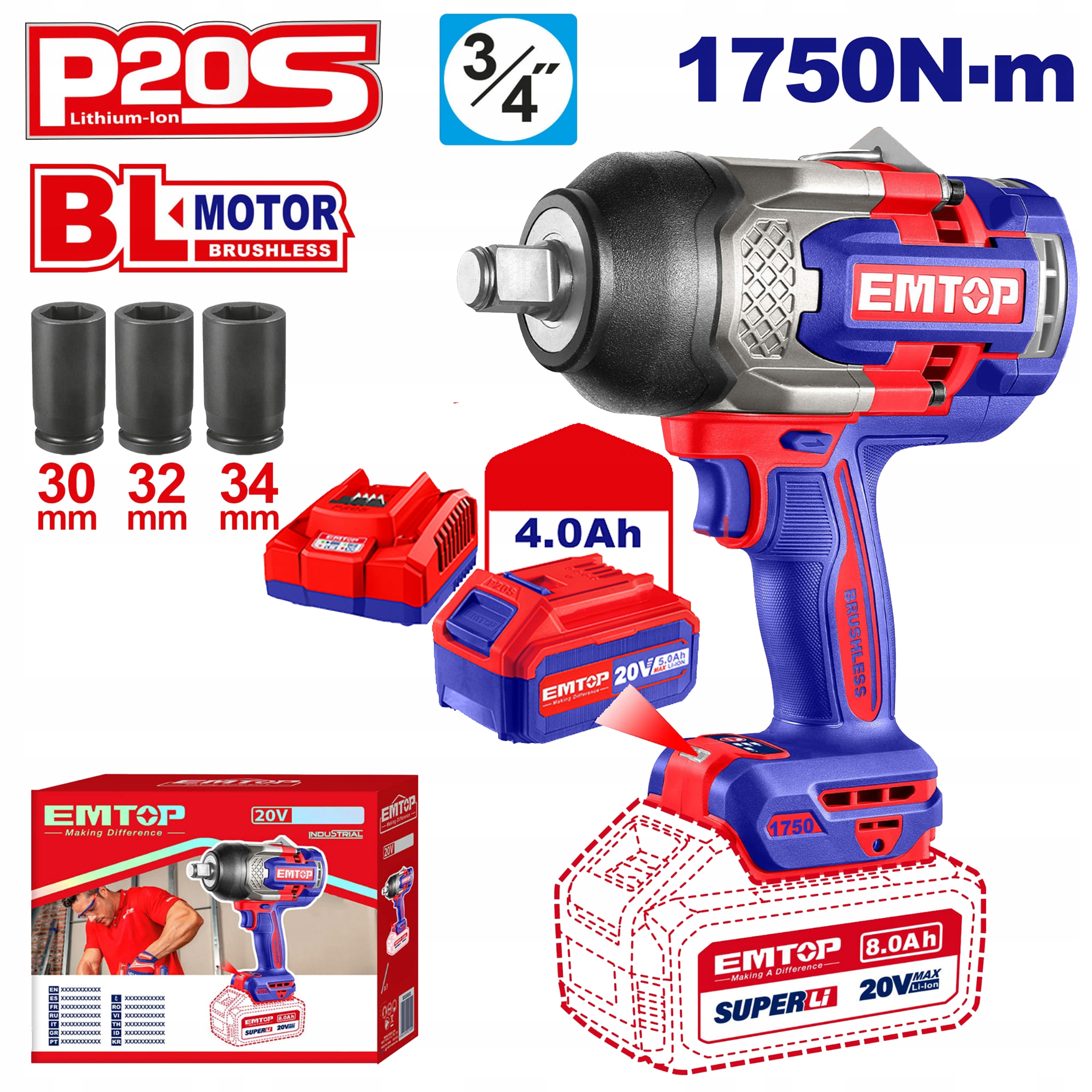 Emtop Rázový uťahovák akumulátor 3/4" 20V P20S 1750NM ECIWL201751 sada akumulátorov 1