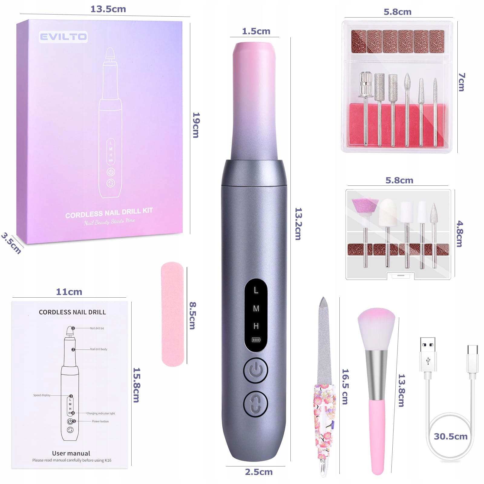 EVILTO Zestaw Do Manicure Pedicure Bezprzewodowy Pilnik Elektryczny USB — miniatura 8