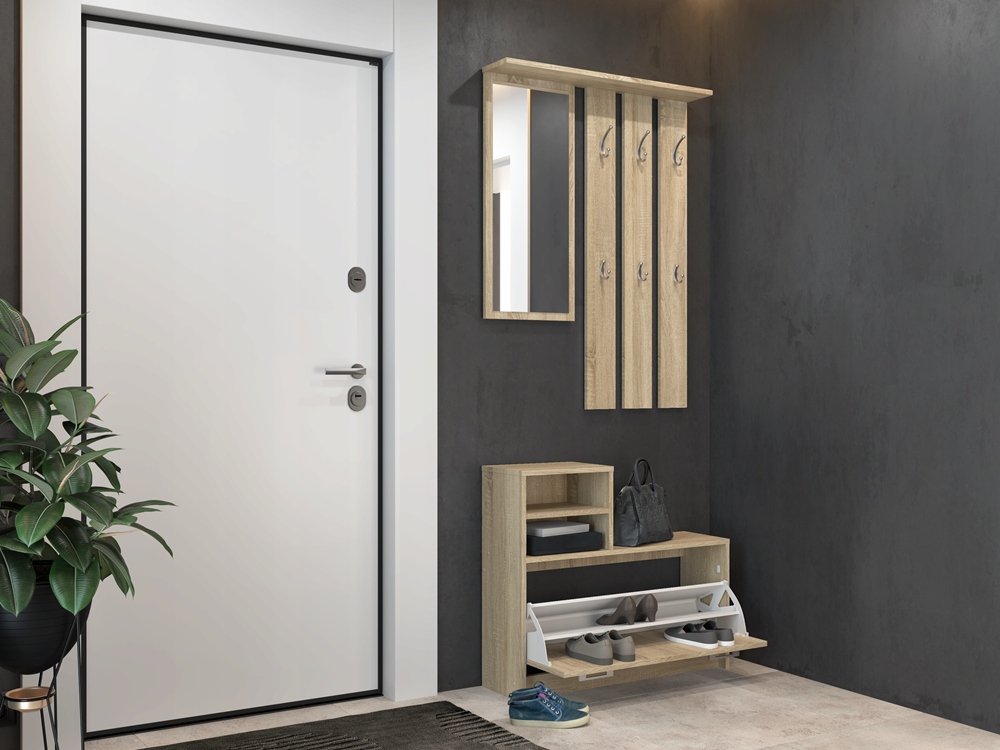 GARDEROBA SZAFA DO PRZEDPOKOJU Z LUSTREM WIESZAK SZAFKA NA BUTY DĄB SONOMA Kolor haczyków szary