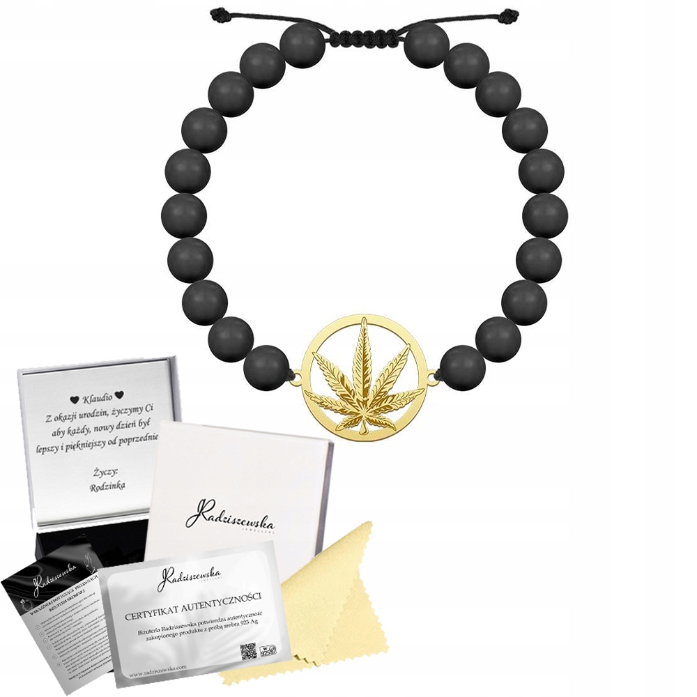 Zlatý náramek Marihuana pro muže s perlami Stříbro 925 Dedikace Bonus