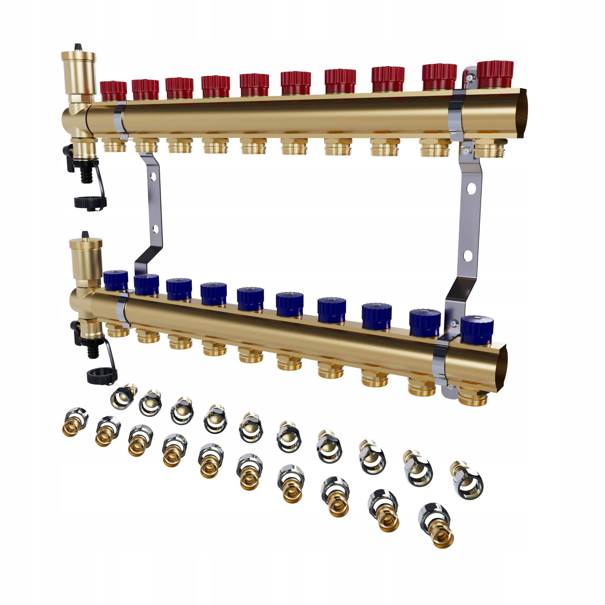 Mosadzný 10-obvodový manuálny radiátorový rozdeľovač Pex konektory