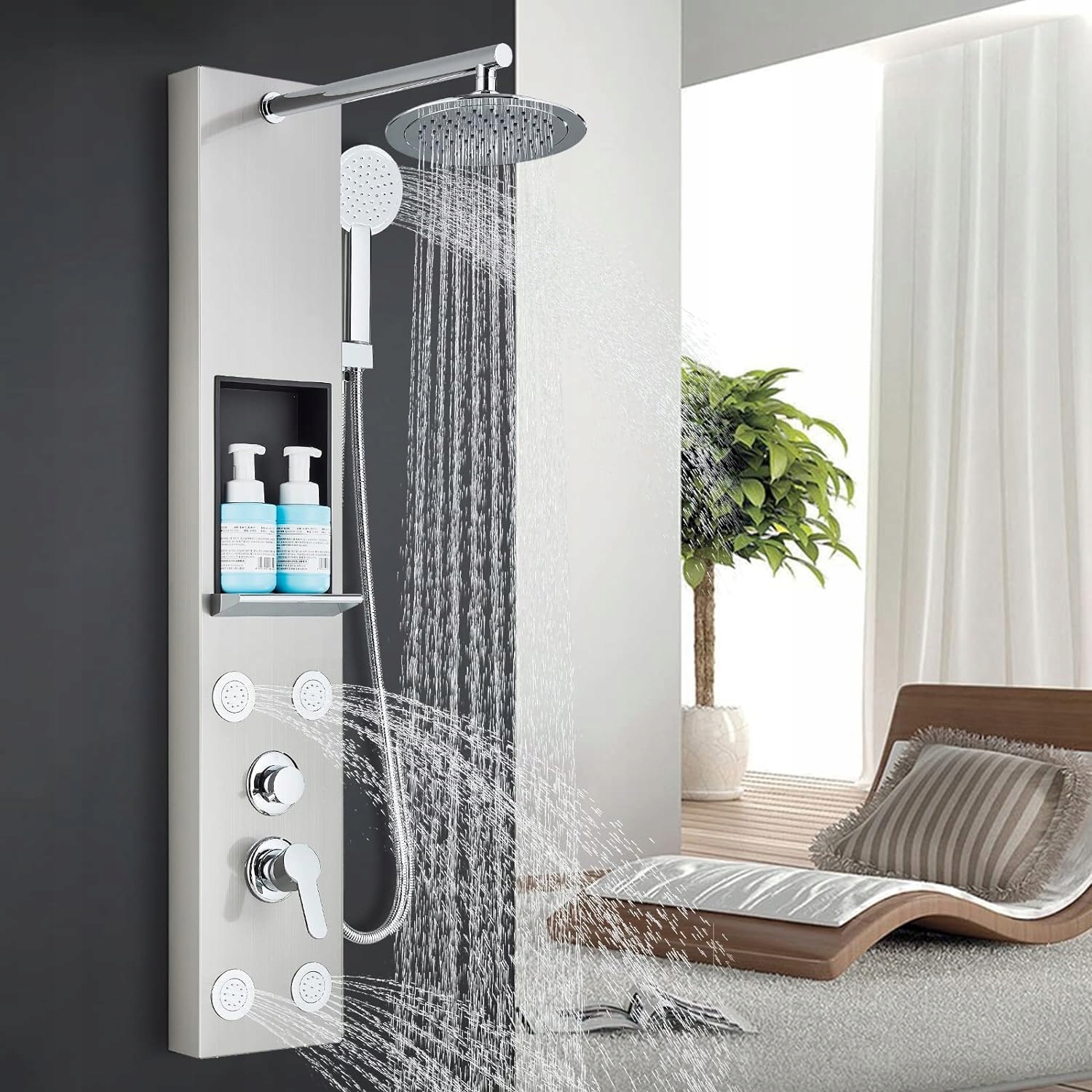 PANEL PRYSZNICOWY srebrny OŚWIETLENIE LED BATERIA TERMOSTAT HYDROMASAŻ lcd