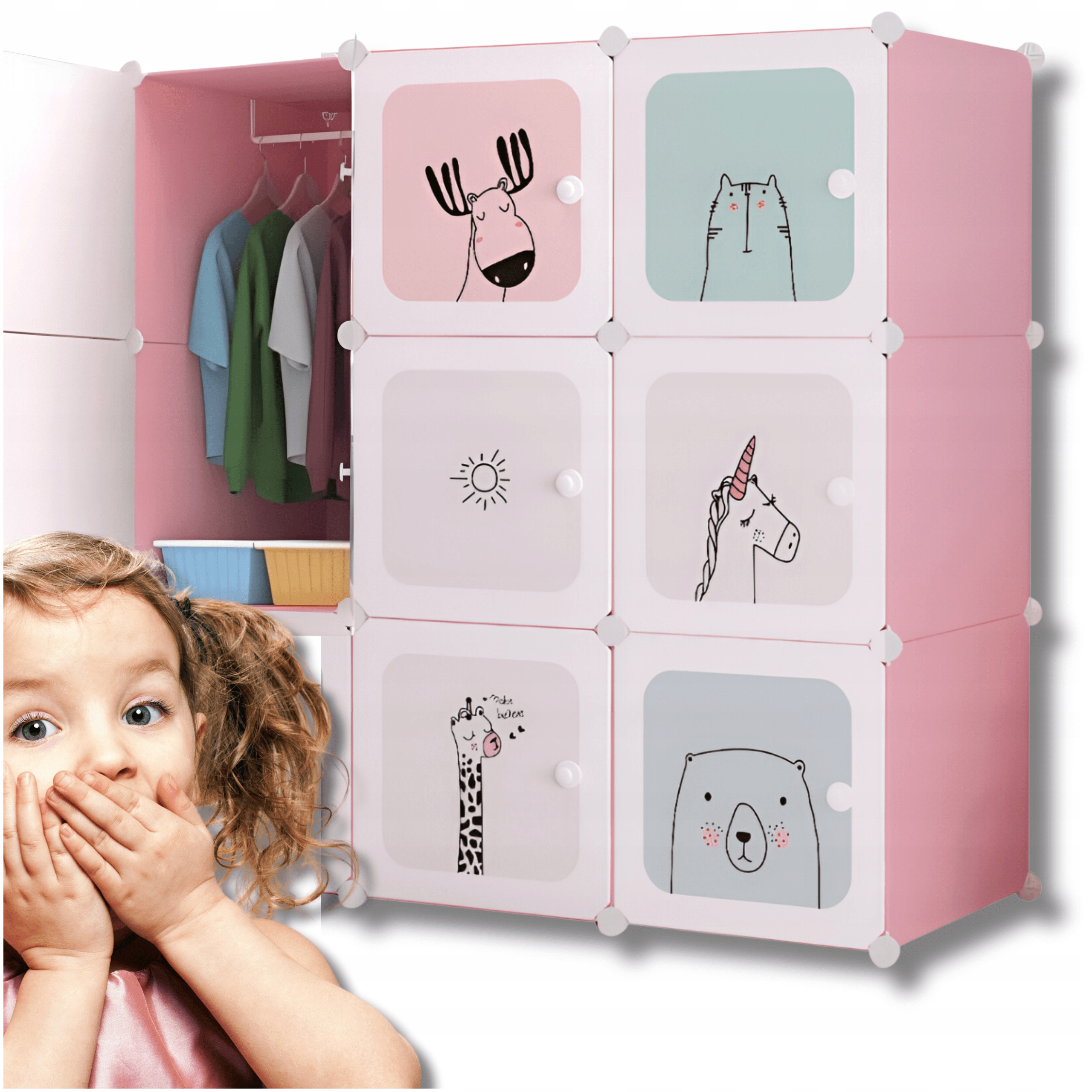 Ružová detská modulárna skrinka 9 políc, regál do izby, hračky, oblečenie