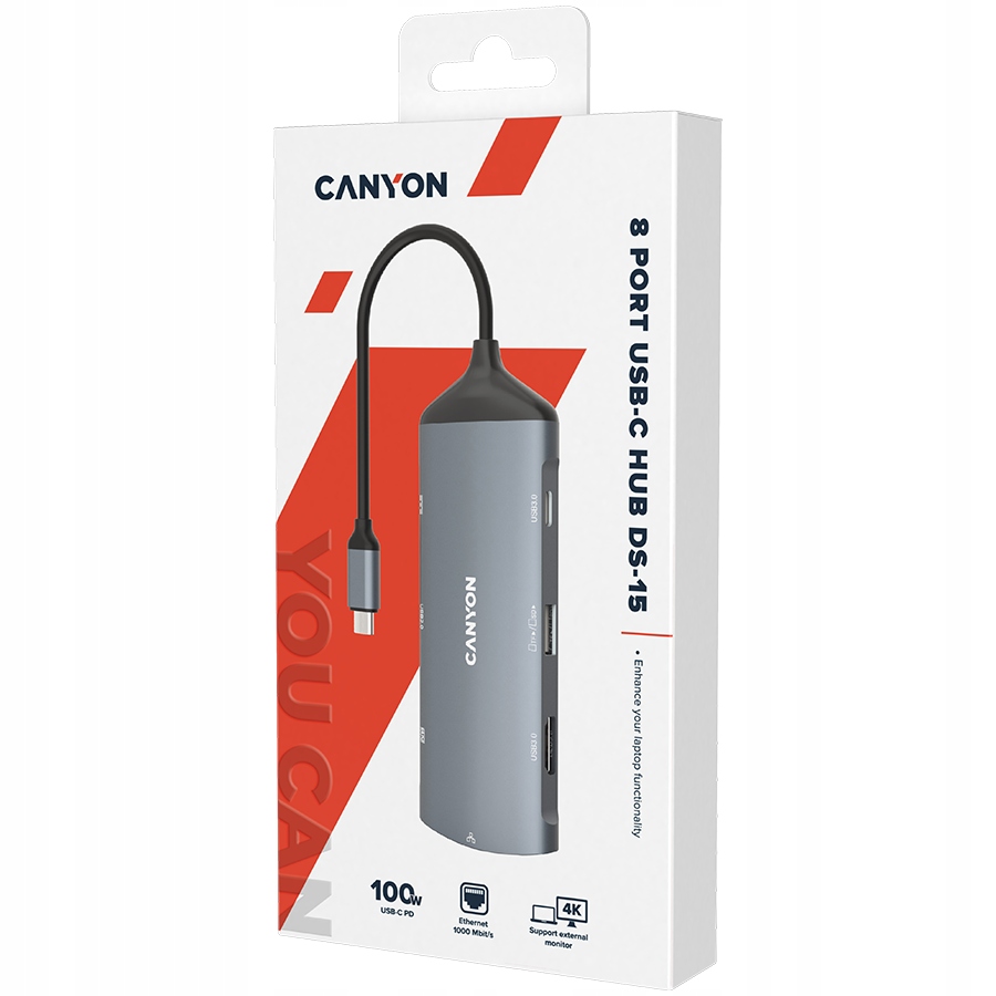 Canyon DS-15 Usb-c Hub 8v1 4K Pd 100W Šedý (USB-C/HDMI/Ethernet)