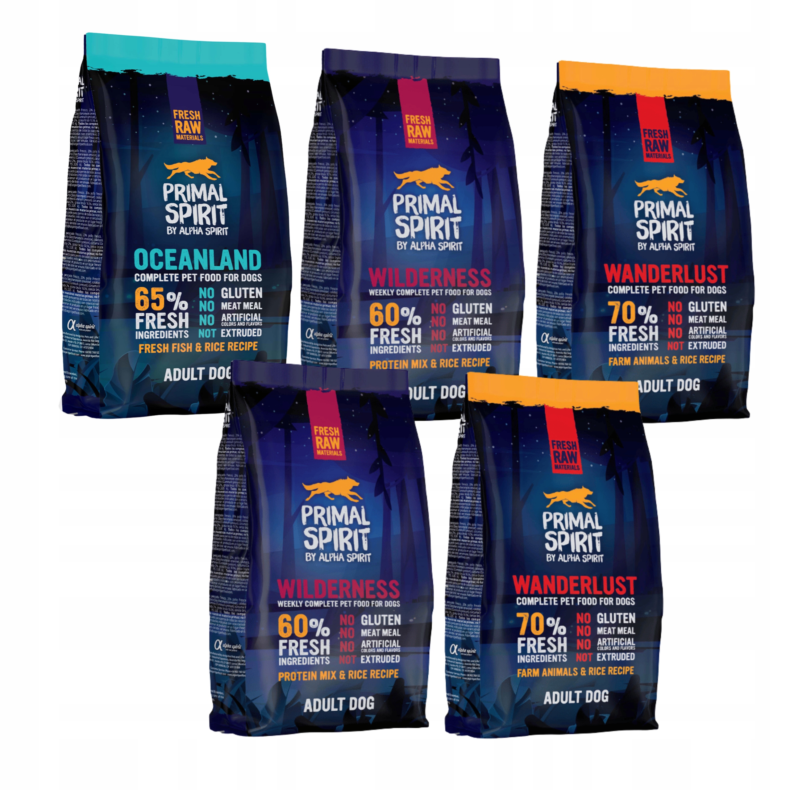 Primal Spirit Zestaw 5x1KG Karma Dla Psa Tłoczona Na Zimno MIX Smaków