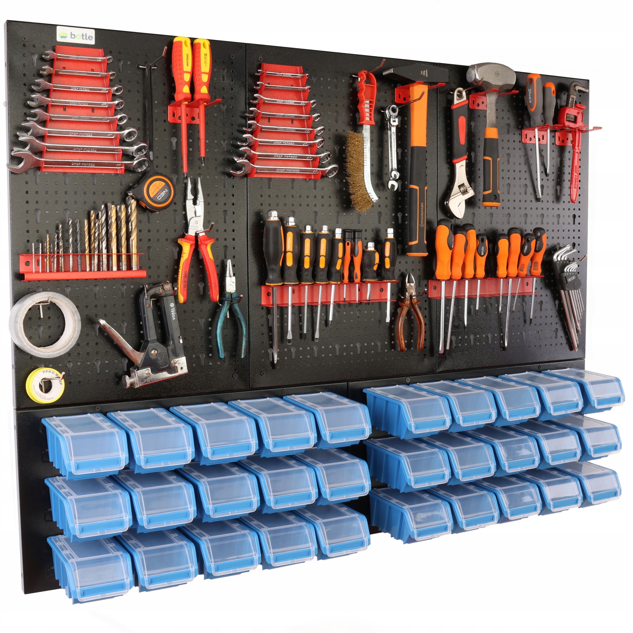 Dílenská tabule botle 120x90 cm kovová 30 x nádoba Modré úchyty