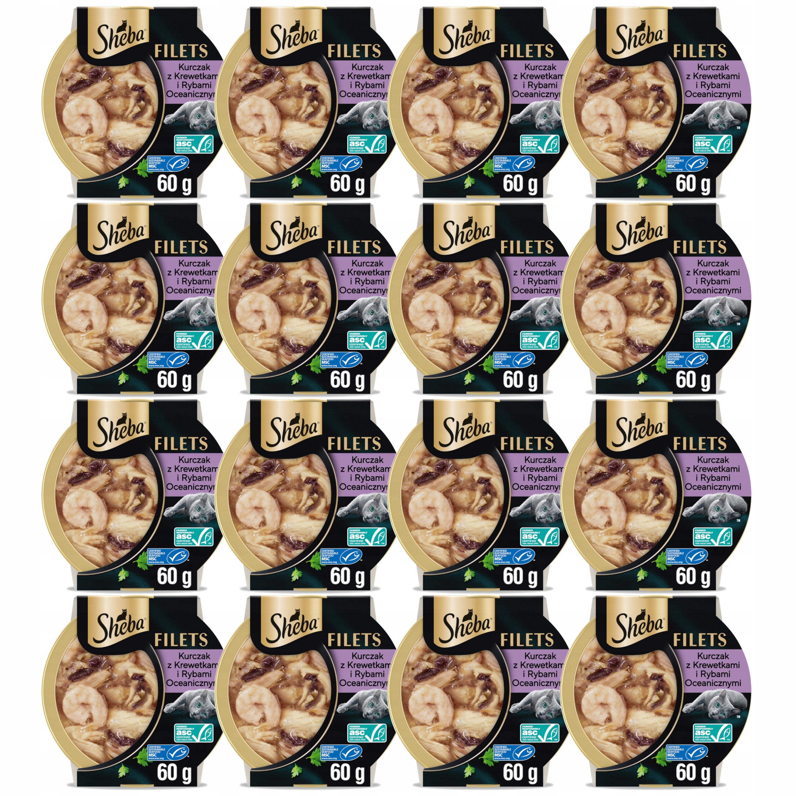 16 x Mokré krmivo pro kočky Sheba Filetky Kuřecí ryby krevety v omáčce 60 g