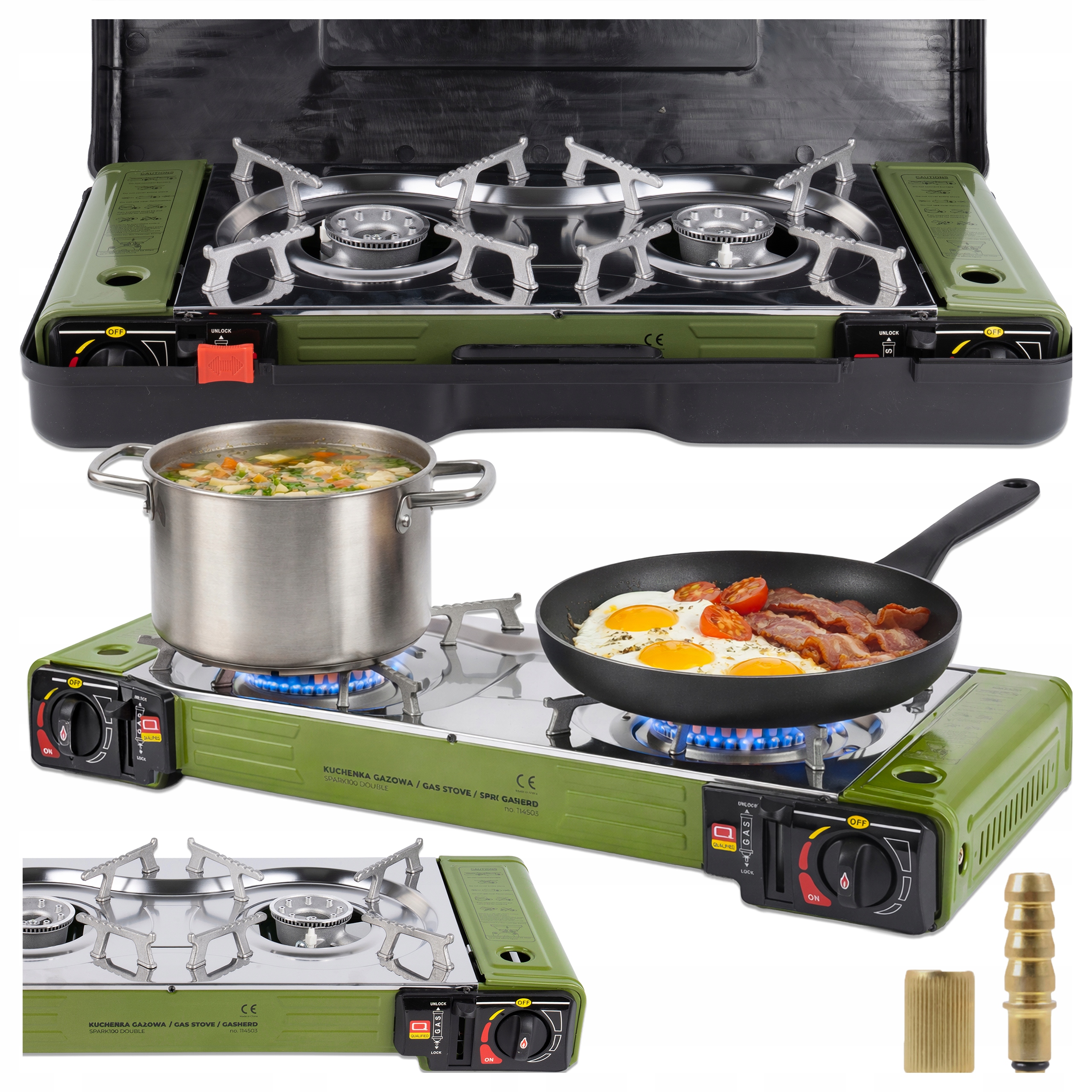 Turistický plynový vařič Přenosný 2 hořáky Kufr na kartuše a lahve