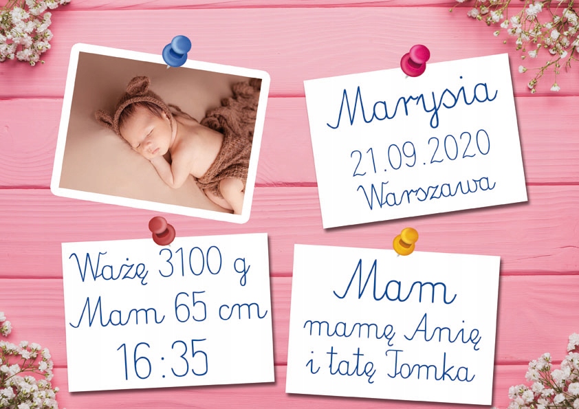 METRYCZKA pamiątka narodzin ze zdjęciem dziecka w antyramie