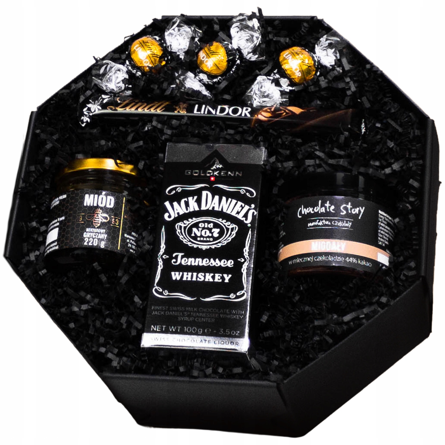 Levně Elegantní Box Na Dárek – čokoláda Jack Daniels, Lindt, med, mandle