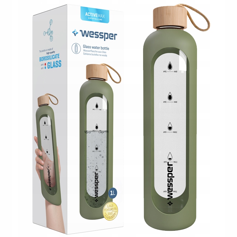 BIDON BUTELKA SZKLANA NA WODĘ Z ETUI 1000ml OLIWKA Kod producenta WES260-OL