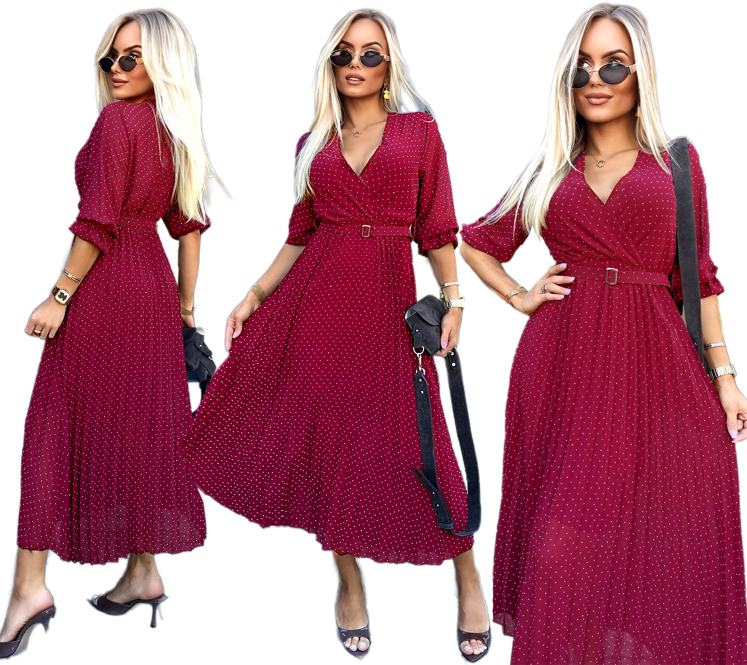 Bordó elegantní plisovaná Šaty Dámský šifon svatební hostina Laura