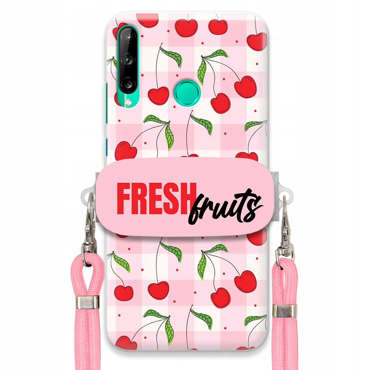 Pouzdro pro Huawei P40 Lite E Case Držák Šňůrka Růžová Fresh Fruits Mřížka