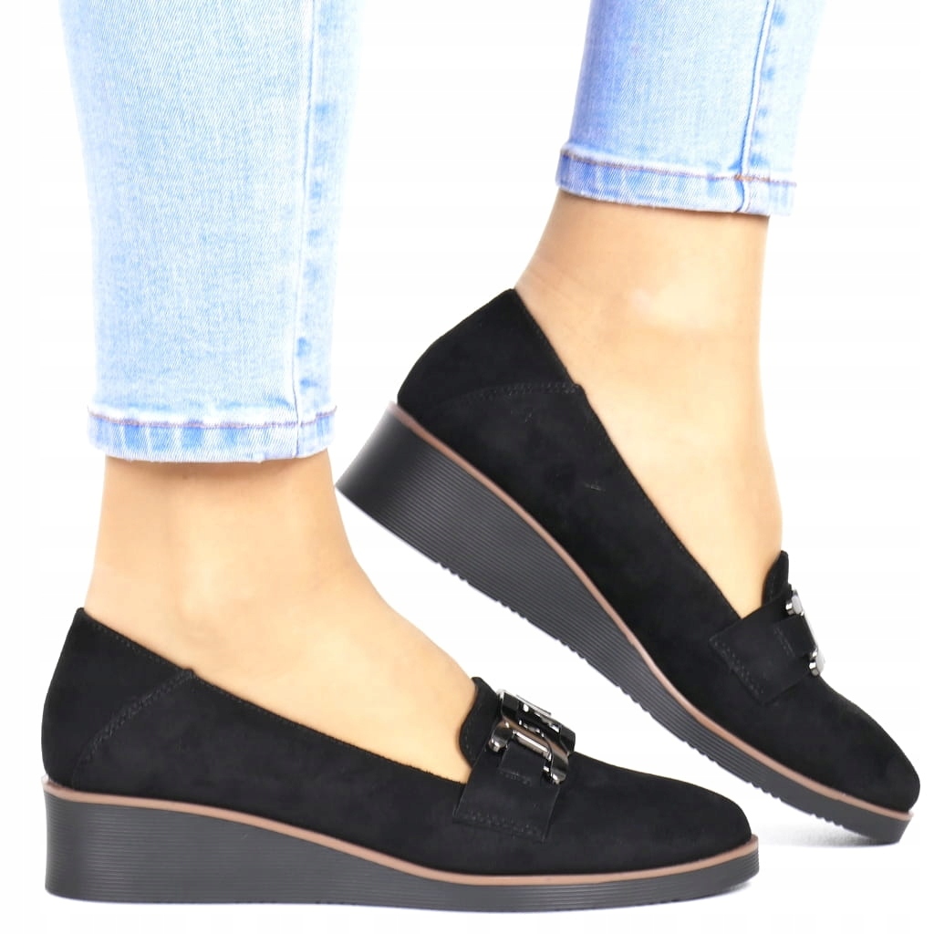 Dámské Polobotky Mokasíny Na Koturně Černé Semišové Pohodlné