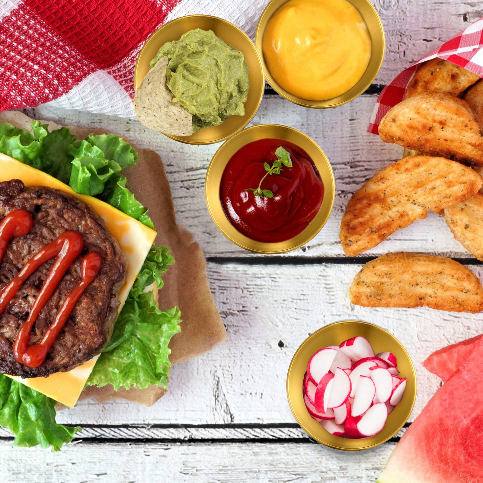 ZESTAW 5 MISEK ZE STALI NIERDZEWNEJ DO SOSÓW I PRZEKĄSEK Kolor złoty