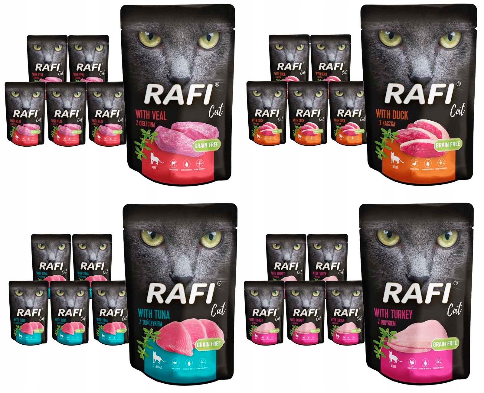 Levně Rafi krmivo mokré telecí maso, kachna, tuňák, krůta 40 sáčků x 100 g
