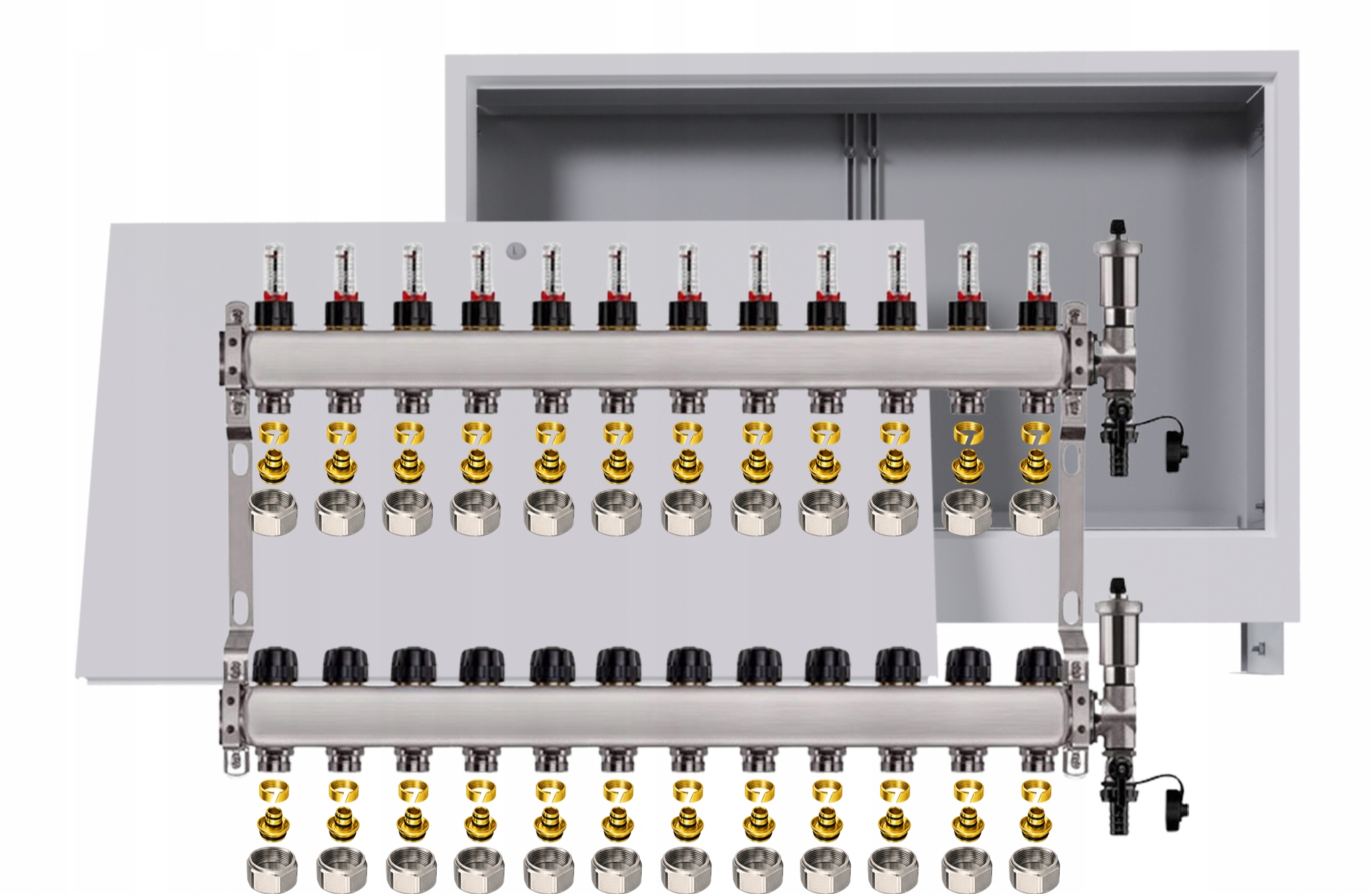 Nerezový rozdělovač pro podlahovku 12 okruhů s podomítkovou schránkou Pex
