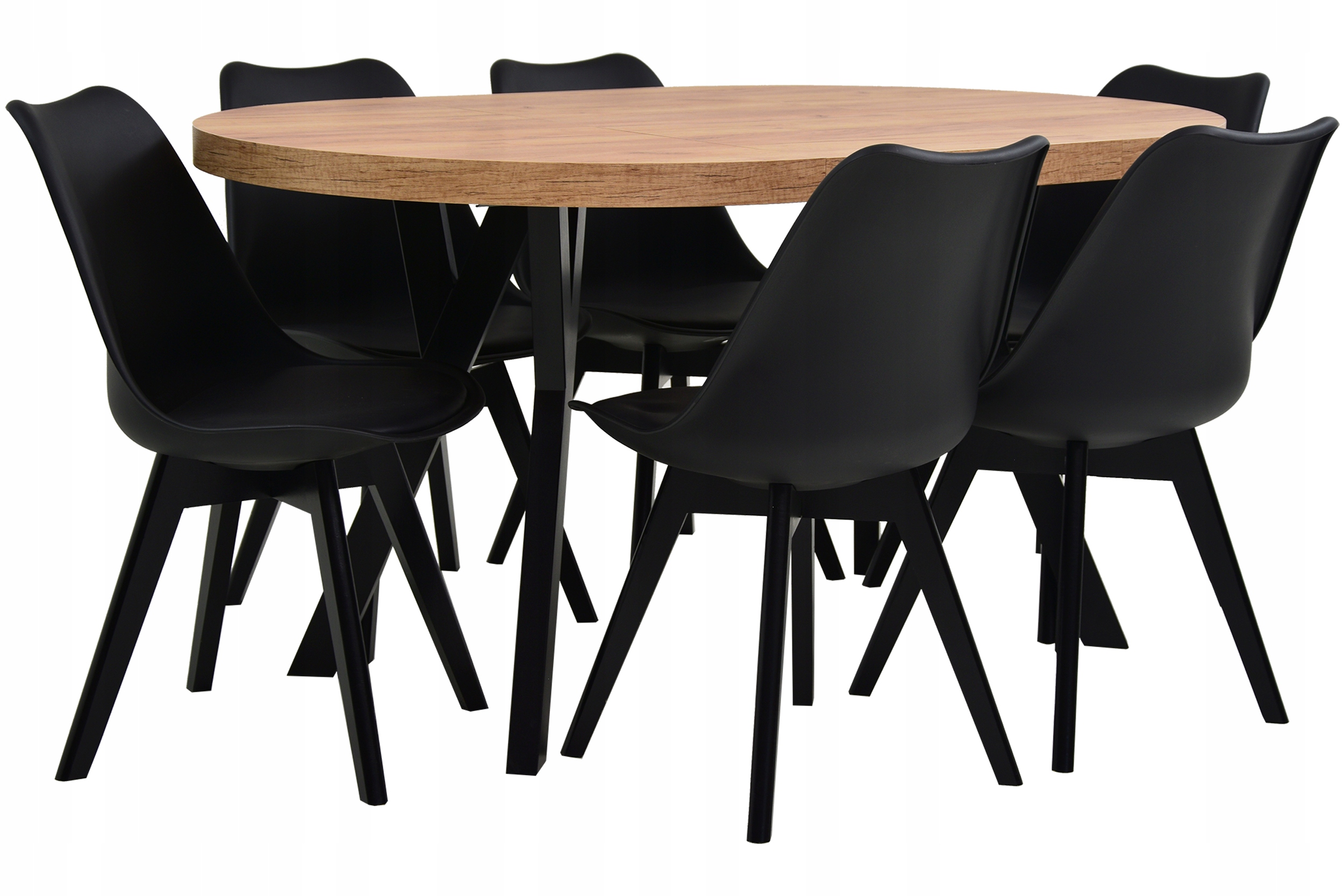 ZESTAW Stół okrągły ROZKŁADANY do 2m i 6 krzeseł SKANDYNAWSKICH Z PODUSZKĄ