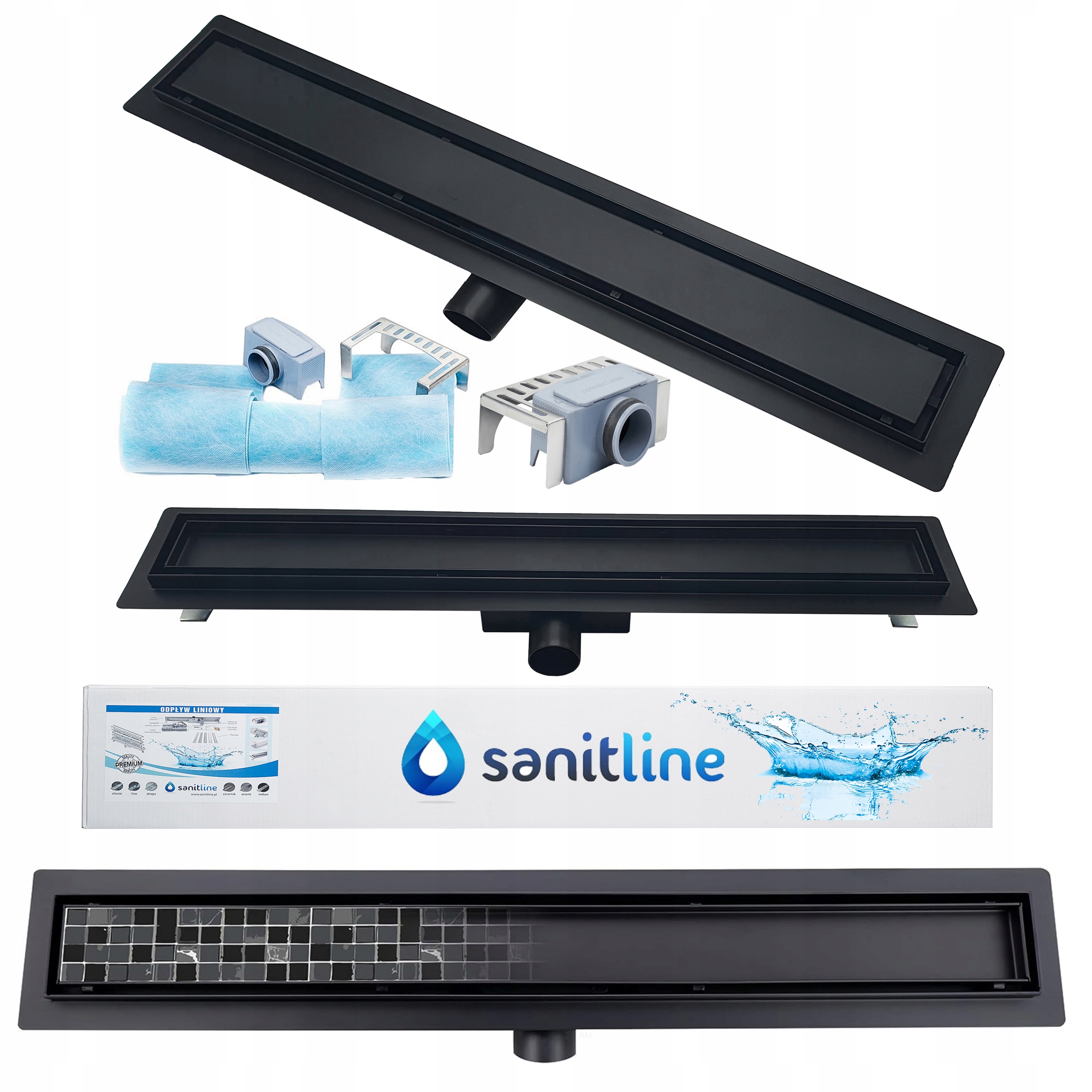 Sanitline Lineárny odtok Nízky Čierny Mat 60 cm 2v1