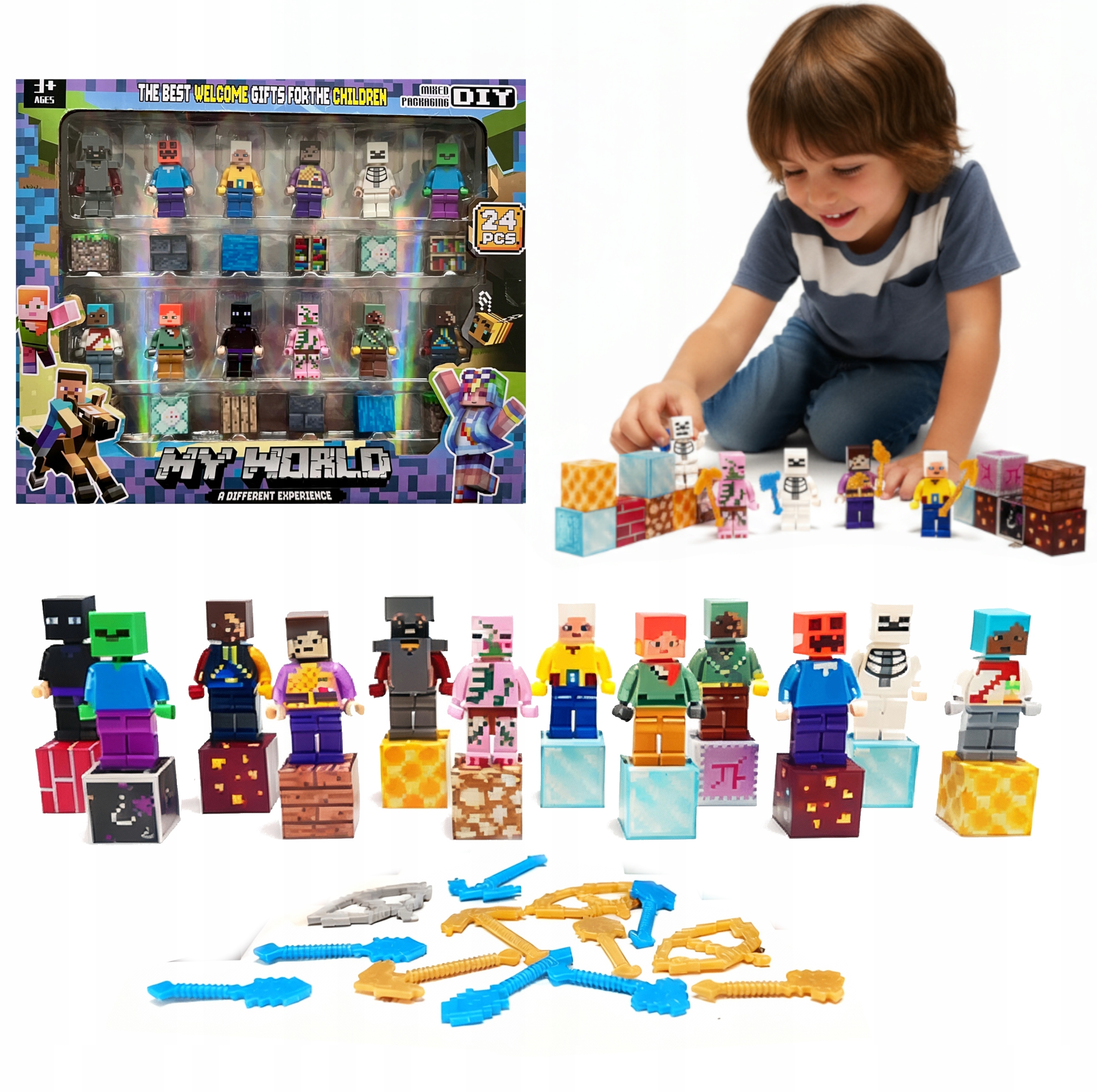 FIGURKI PIXELE zestaw 12 figurek + 12 klocków MAGNETYCZNYCH DODATKI