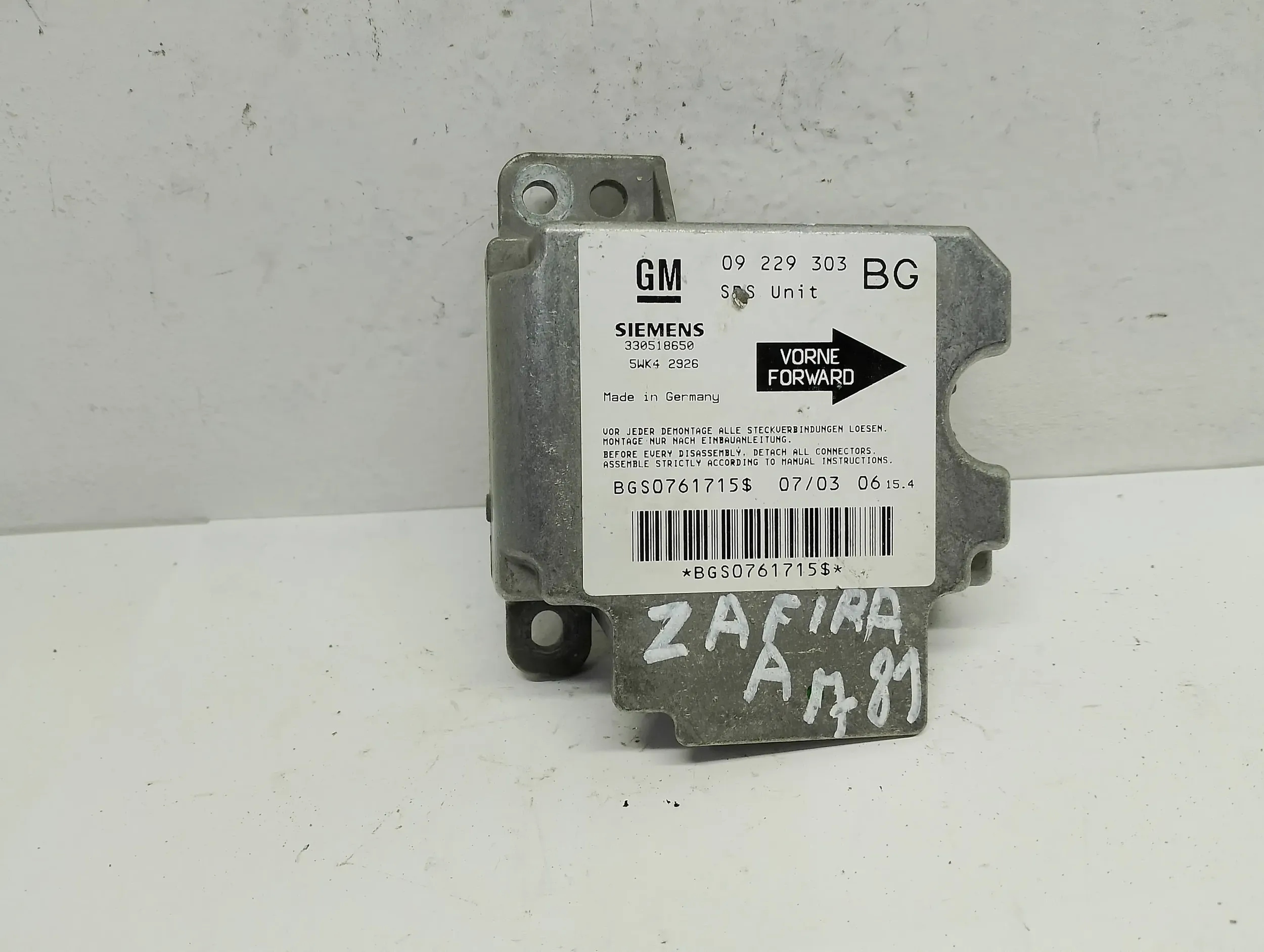modulo SENSOR airbag OPEL ZAFIRA A 09229303