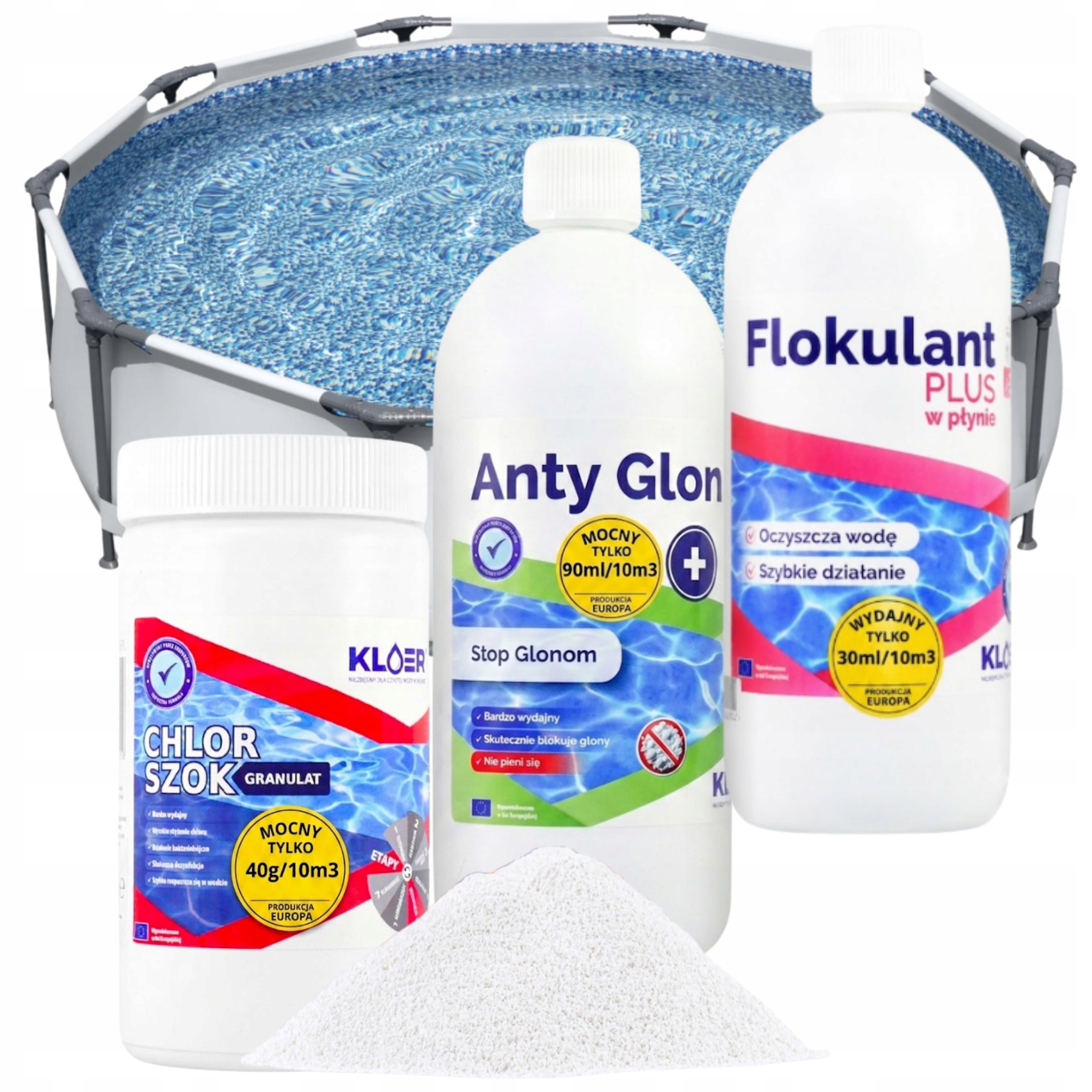 Zestaw KLOER na mętną wodę w basenie: chlor szok, koagulant, anty glon
