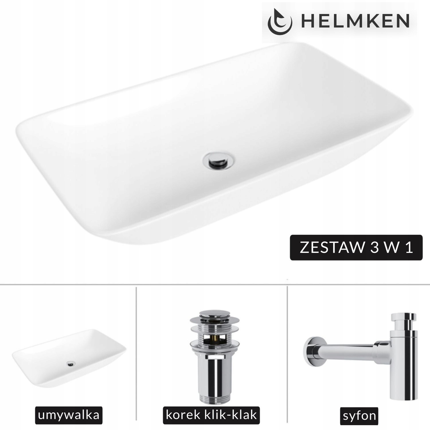 Umywalka nablatowa Helmken 70x40 Biała Syfon Korek klik-klak Chrom