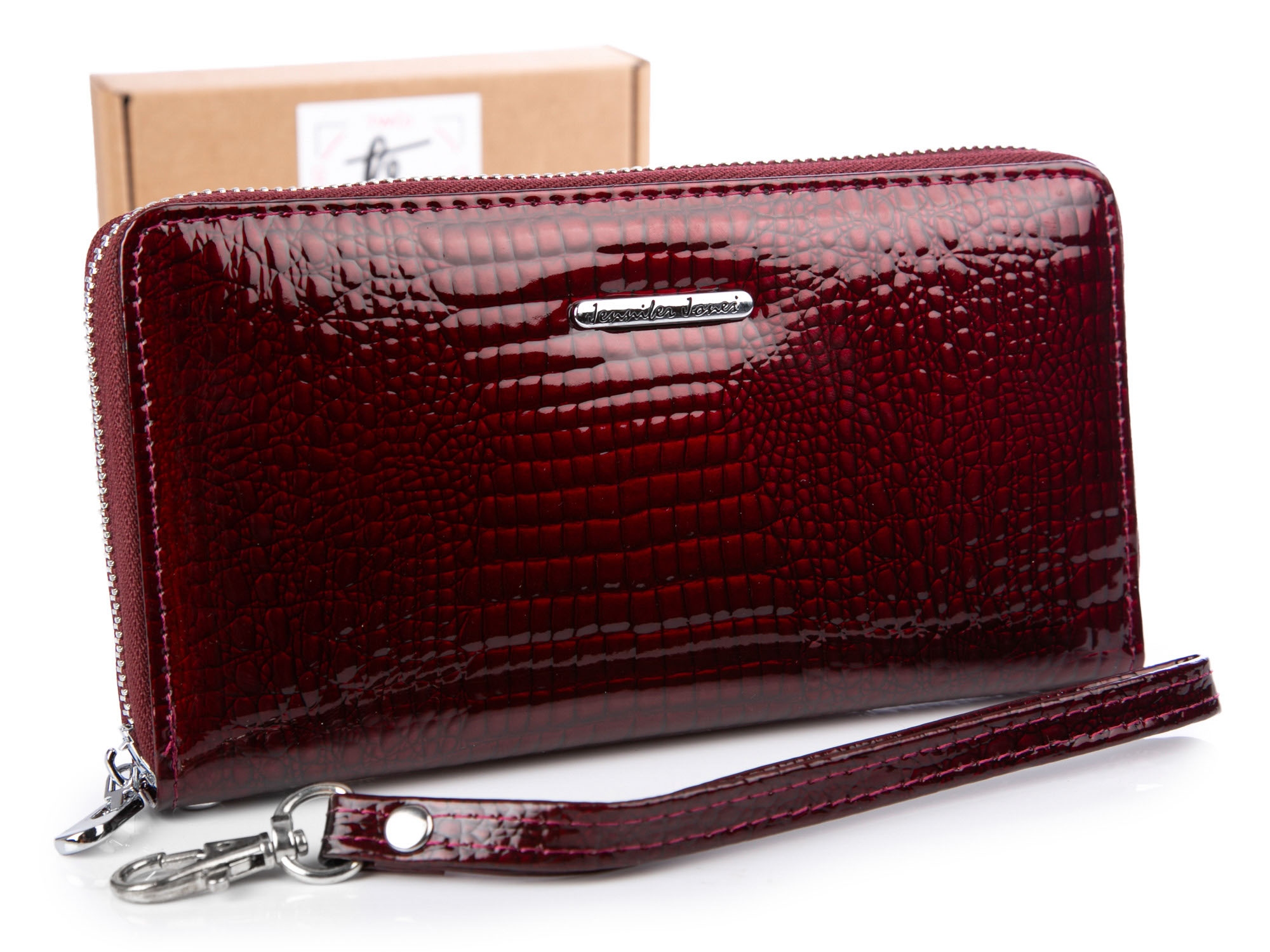 Duży portfel damski z paskiem na nadgarstek lakierowany Rfid skórzany