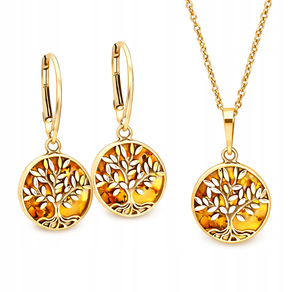 Zlatý Komplet Šperků S Jantarem Náušnice Přívěsek Stříbro Pozlacené
