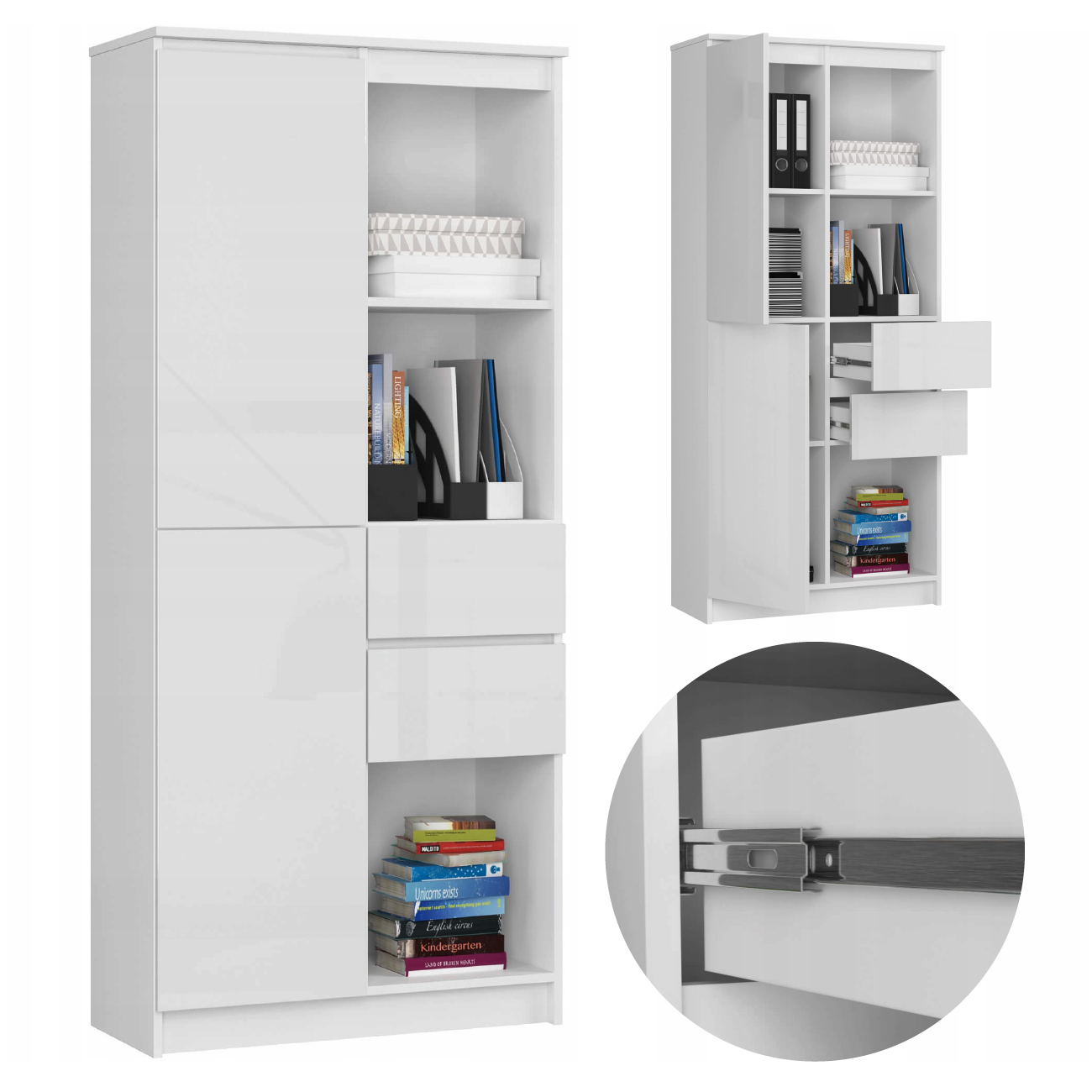 Regał stojący R11 80 cm biuro 1 drzwi 2 szuflady 7 półek Biały Biały Połysk