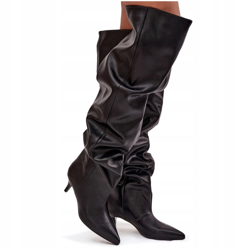 Dámské Kozačky Eko Kožené S Nízkým Podpatkem, Široké, Zasouvací, Černé, Velikost 36