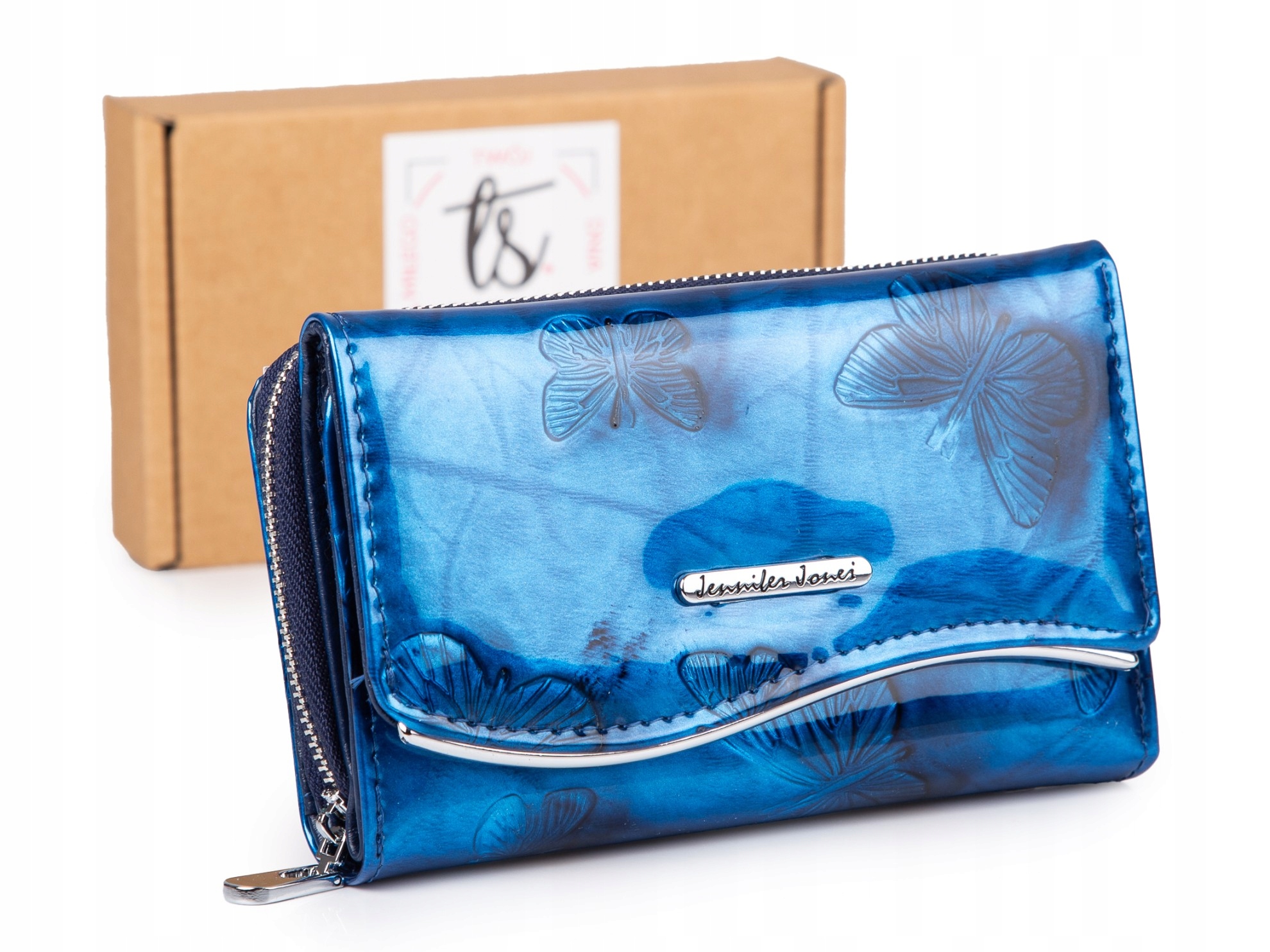 Velká lakovaná dámská peněženka modrá s motýlky a Rfid ochranou karet
